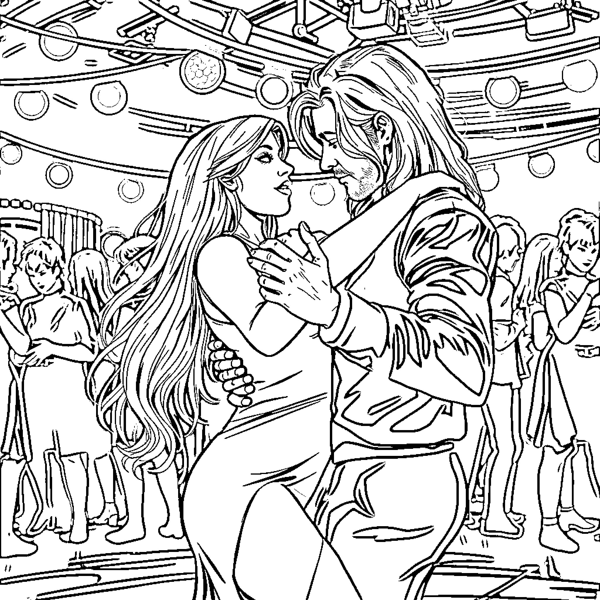 Blonde couple dancing amidst the crowd Coloring Page (free black-and-white line drawing printable PDF for all, from beginners to advanced learners, including children, teens, adults, and seniors)