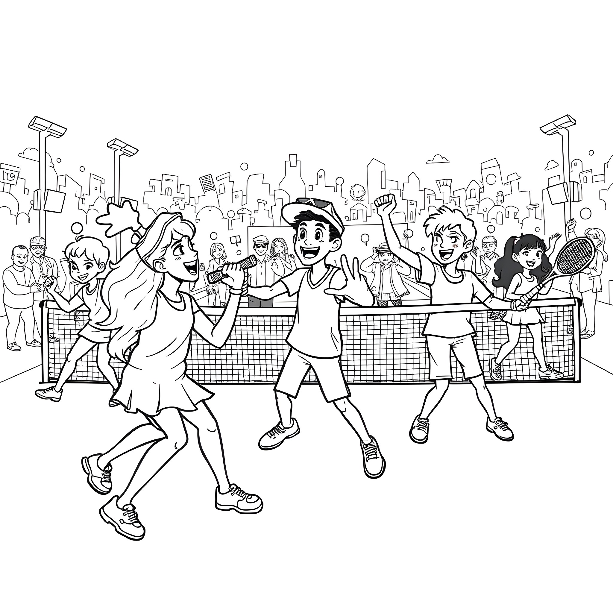 Tennis Players Compete in Lively Urban Tournament Coloring Page (free black-and-white line drawing printable PDF for all, from beginners to advanced learners, including children, teens, adults, and seniors)