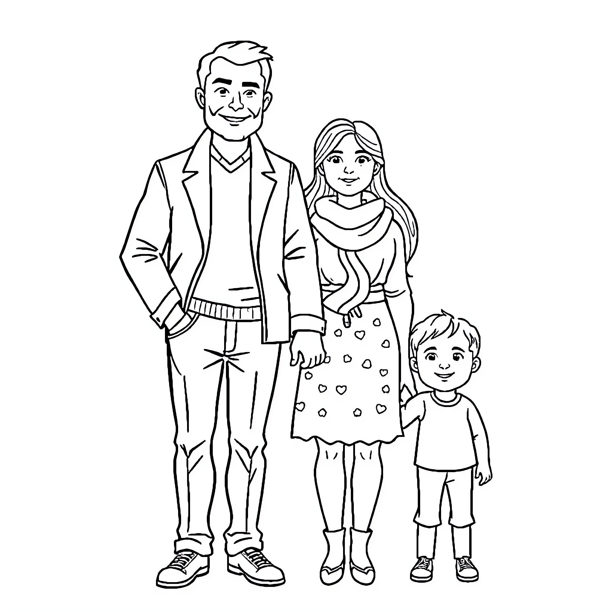 Family enjoying a day together Coloring Page (free black-and-white line drawing printable PDF for all, from beginners to advanced learners, including children, teens, adults, and seniors)