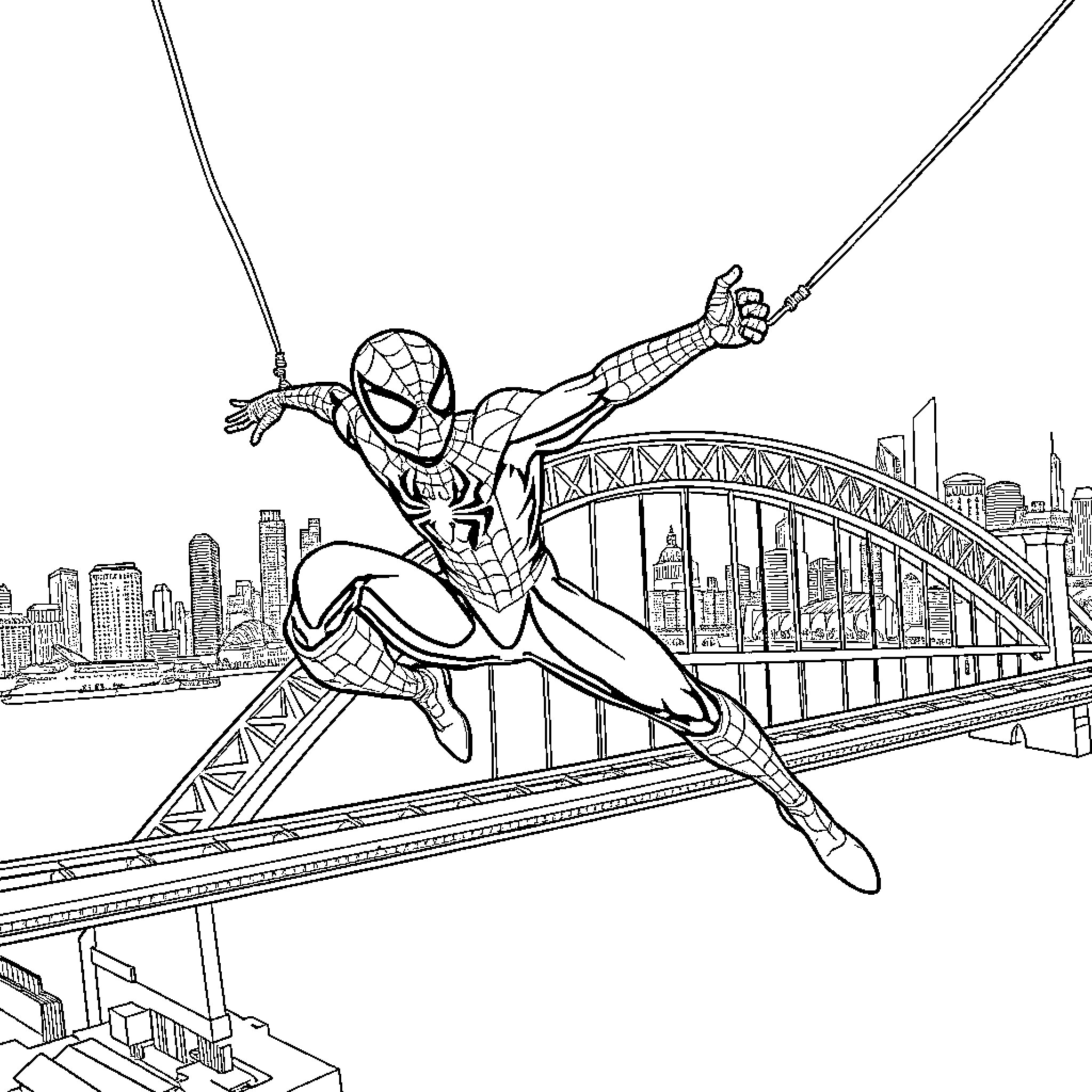 Spiderman swinging over the city skyline Coloring Page (free black-and-white line drawing printable PDF for all, from beginners to advanced learners, including children, teens, adults, and seniors)
