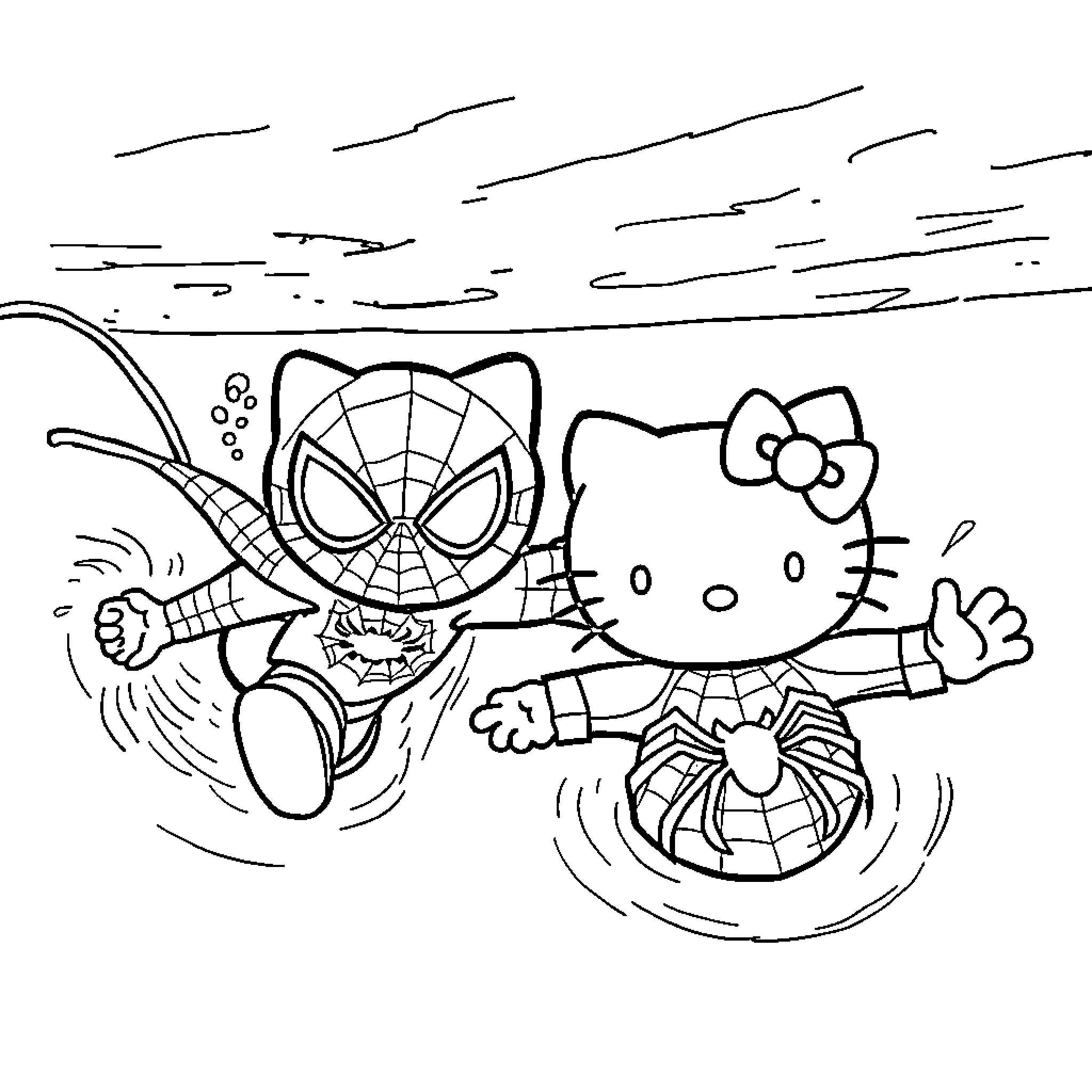 Hello Kitty meets Spider-Man in an adventure Coloring Page (free black-and-white line drawing printable PDF for all, from beginners to advanced learners, including children, teens, adults, and seniors)