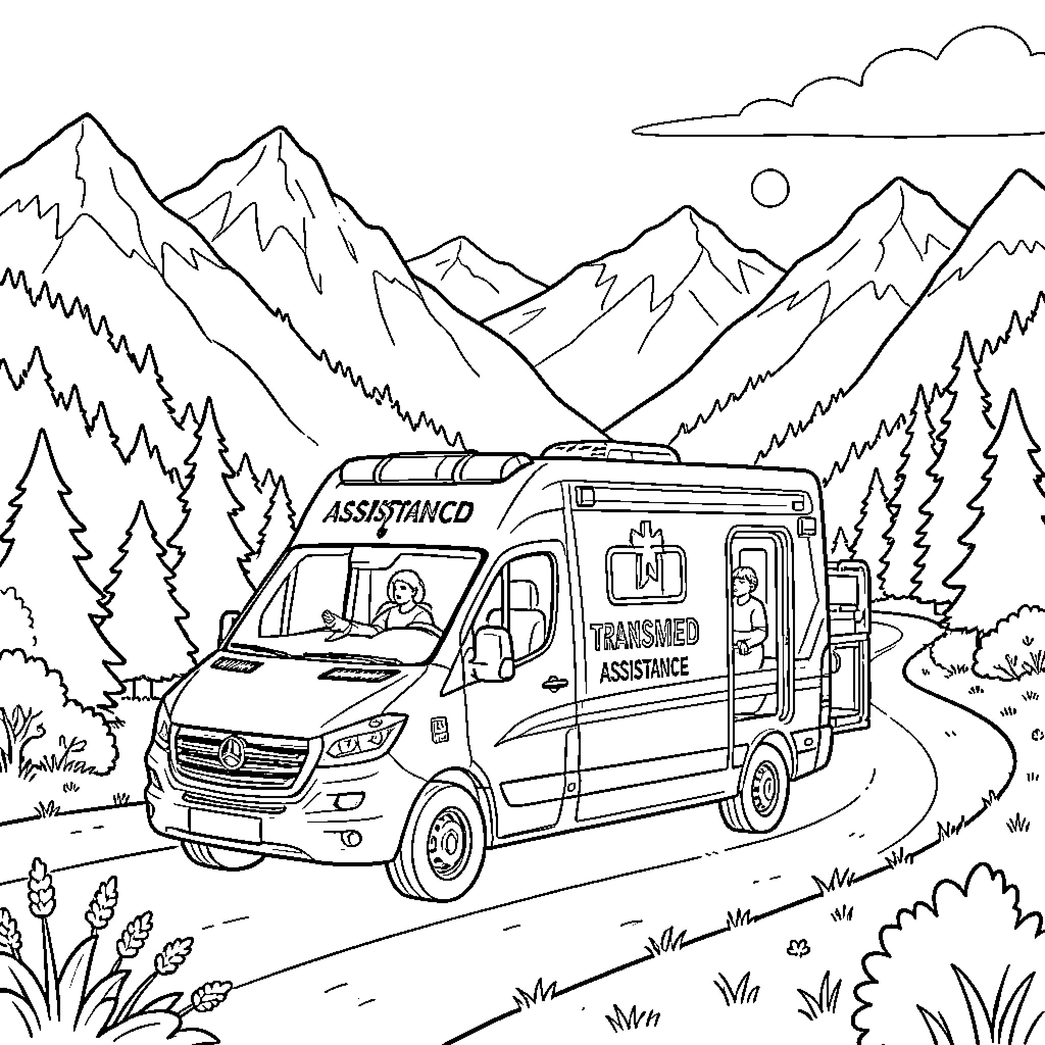Ambulance responding to emergency in mountain landscape Coloring Page (free black-and-white line drawing printable PDF for all, from beginners to advanced learners, including children, teens, adults, and seniors)