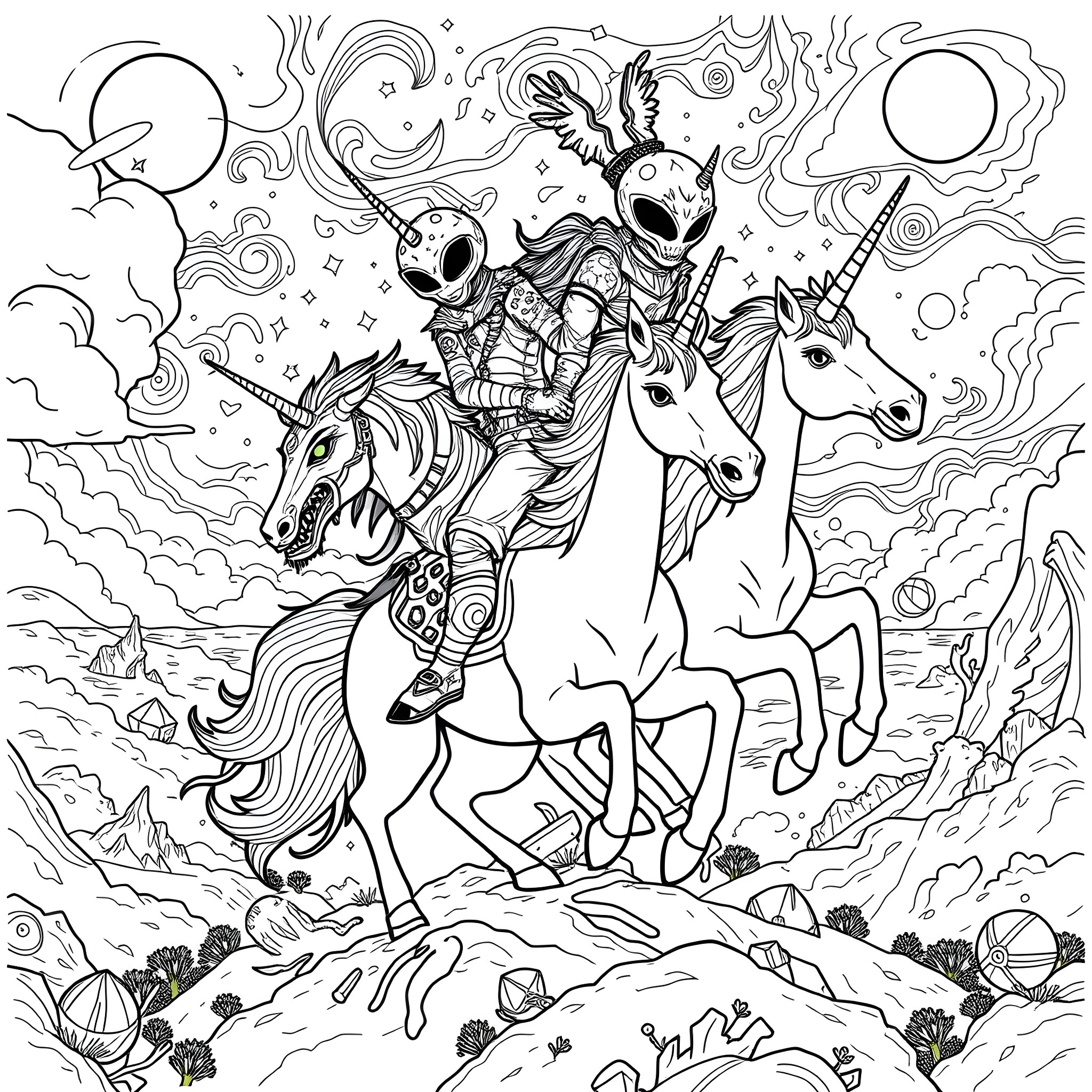 Unicorn Riders Exploring the Magical Realm Coloring Page (free black-and-white line drawing printable PDF for all, from beginners to advanced learners, including children, teens, adults, and seniors)