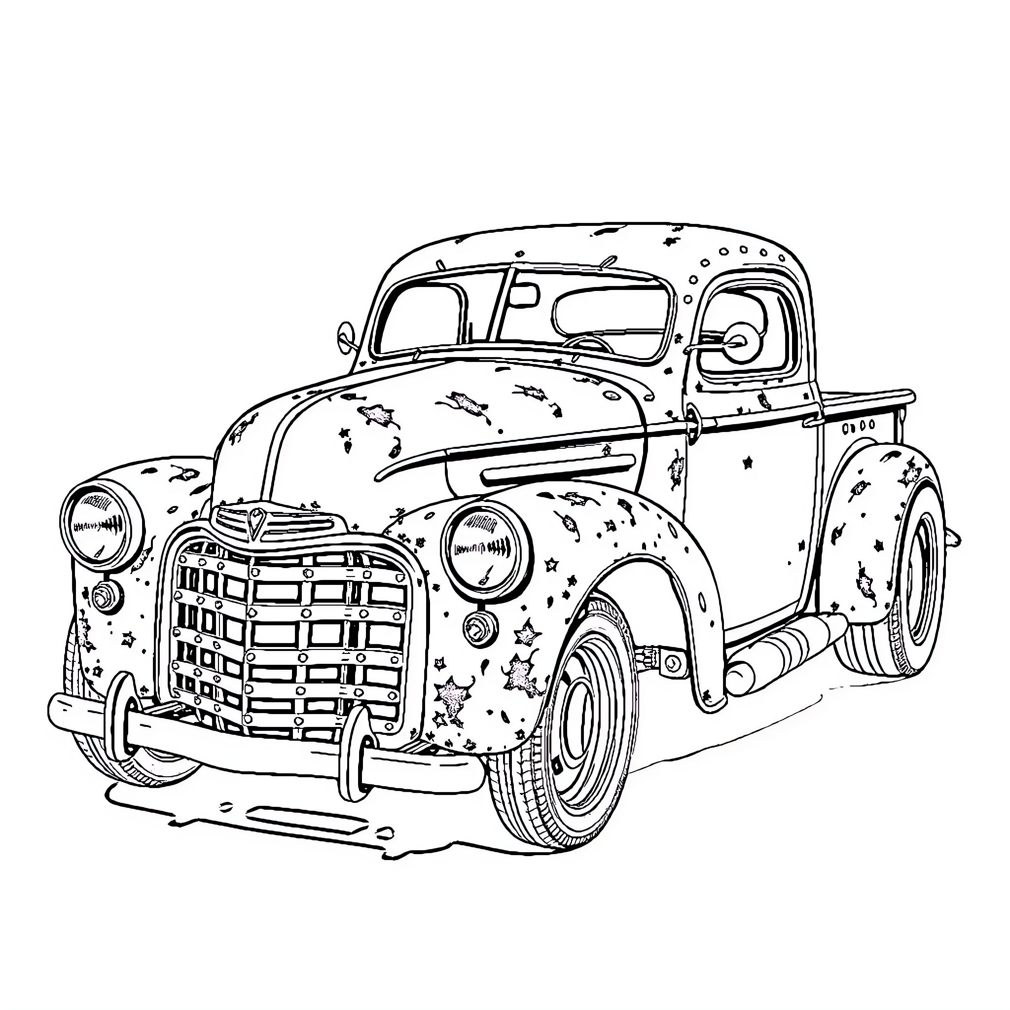 Rat Rod: Vintage Truck with Weathered Character Coloring Page (free black-and-white line drawing printable PDF for all, from beginners to advanced learners, including children, teens, adults, and seniors)