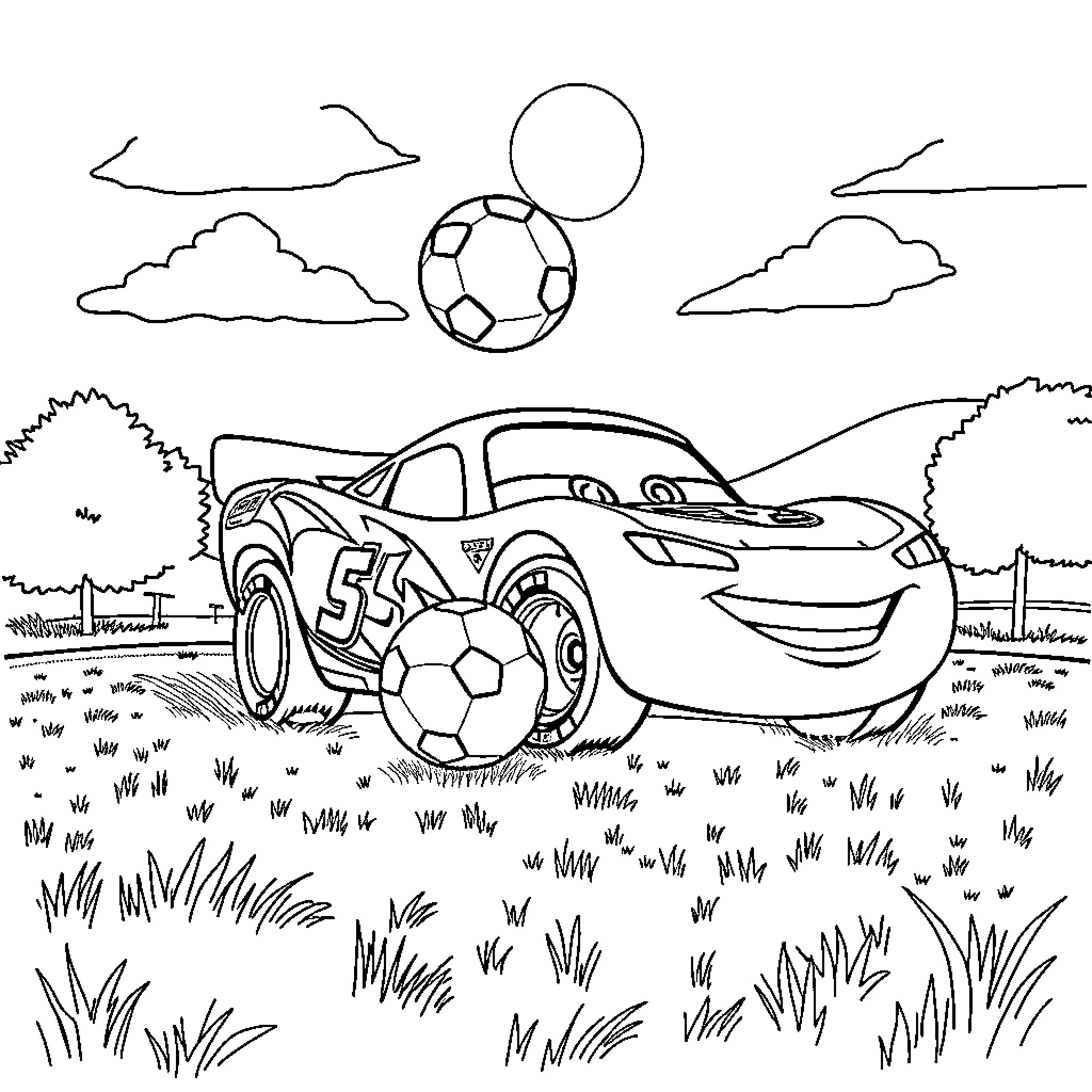 Rayo McQueen enjoying a soccer game outdoors Coloring Page (free black-and-white line drawing printable PDF for all, from beginners to advanced learners, including children, teens, adults, and seniors)