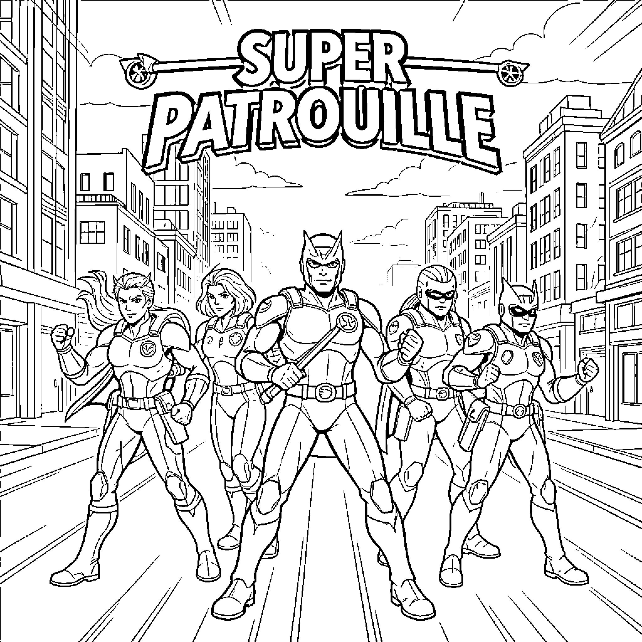 Super Patrouille superheroes posing heroically in a city street Coloring Page (free black-and-white line drawing printable PDF for all, from beginners to advanced learners, including children, teens, adults, and seniors)