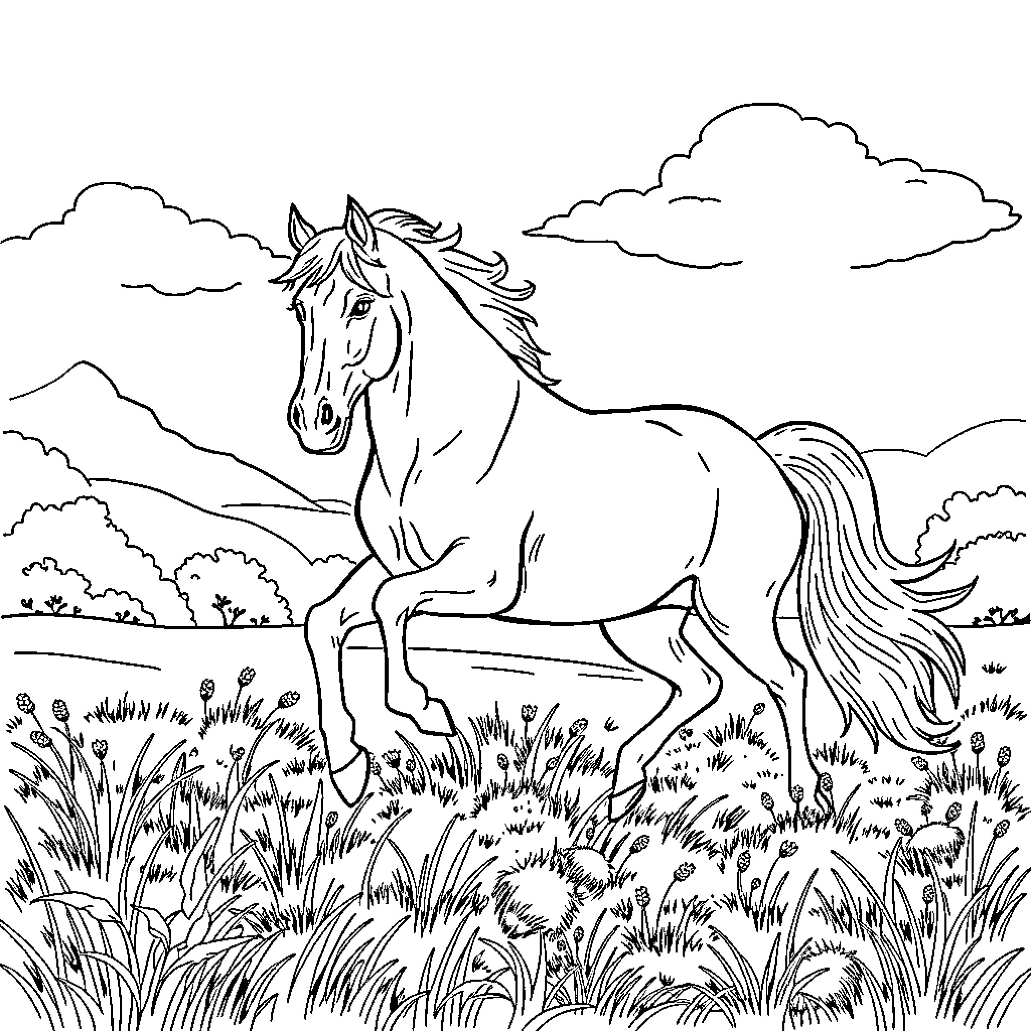 Horse galloping freely in a scenic meadow Coloring Page (free black-and-white line drawing printable PDF for all, from beginners to advanced learners, including children, teens, adults, and seniors)