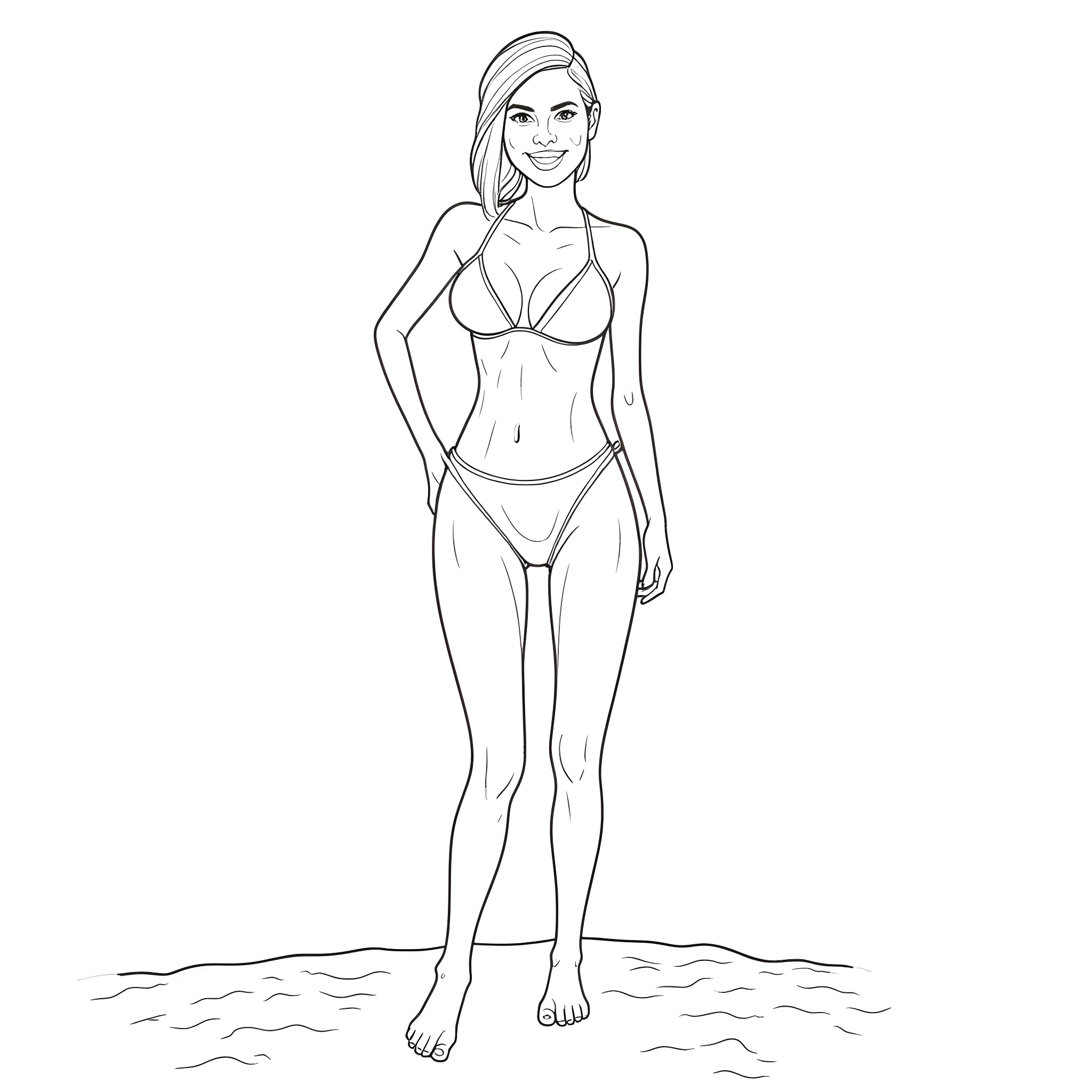 Woman in bikini posing on the beach Coloring Page (free black-and-white line drawing printable PDF for all, from beginners to advanced learners, including children, teens, adults, and seniors)