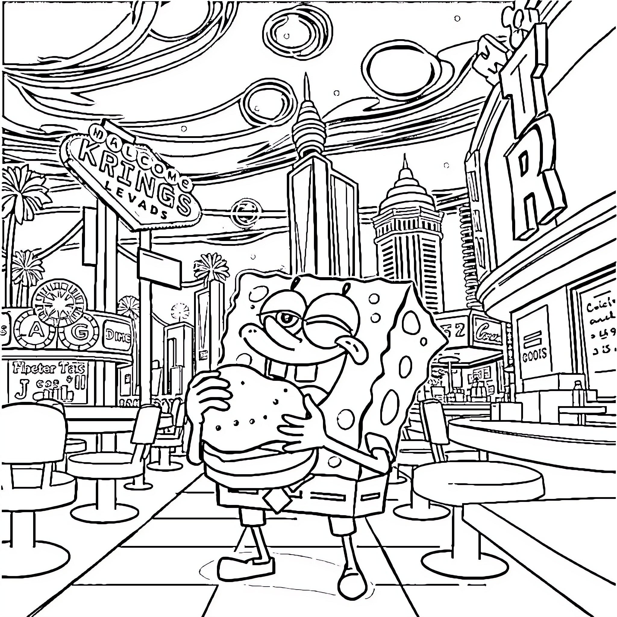 Spongebob enjoying the lively city scene Coloring Page (free black-and-white line drawing printable PDF for all, from beginners to advanced learners, including children, teens, adults, and seniors)