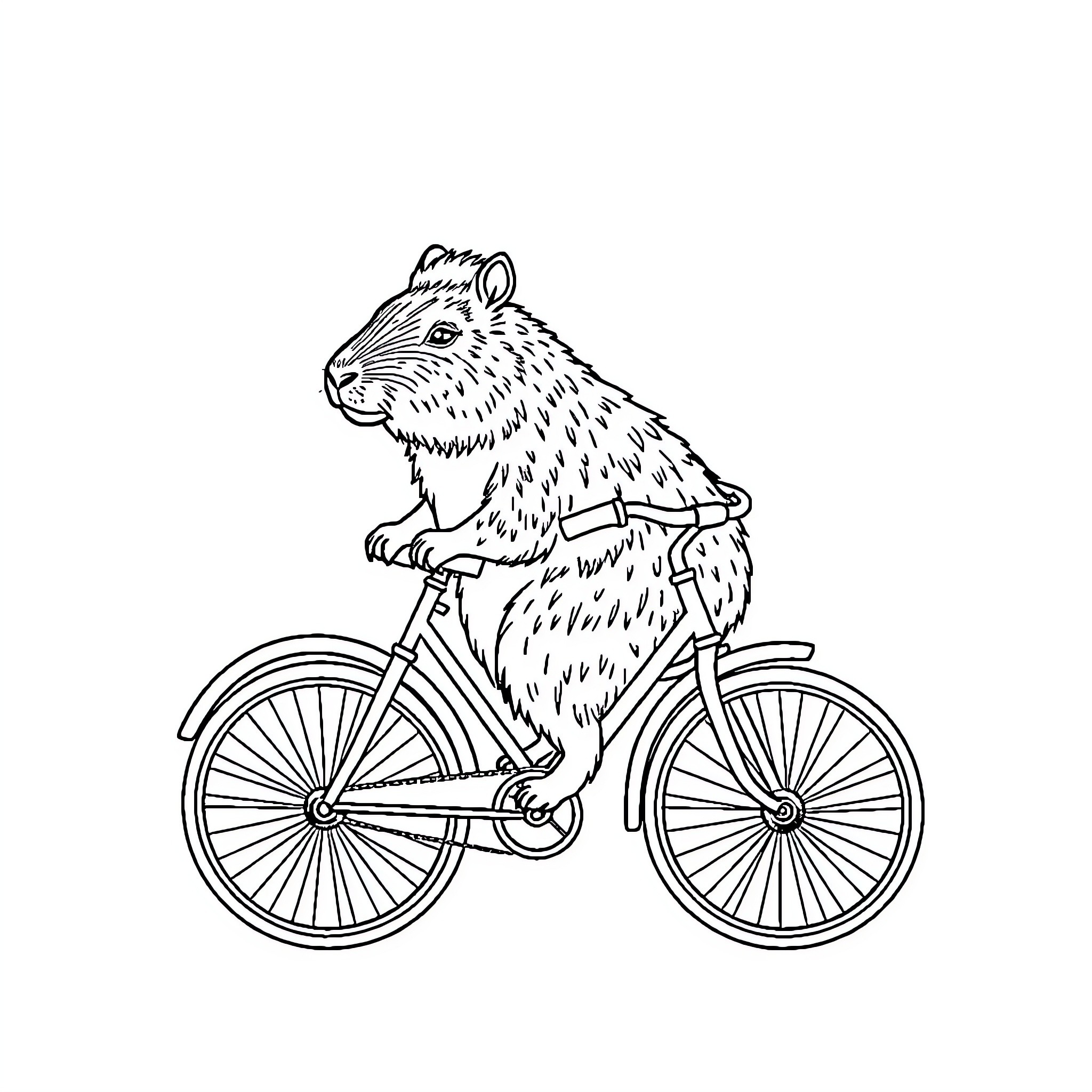 Capybara riding a bicycle Coloring Page (free black-and-white line drawing printable PDF for all, from beginners to advanced learners, including children, teens, adults, and seniors)