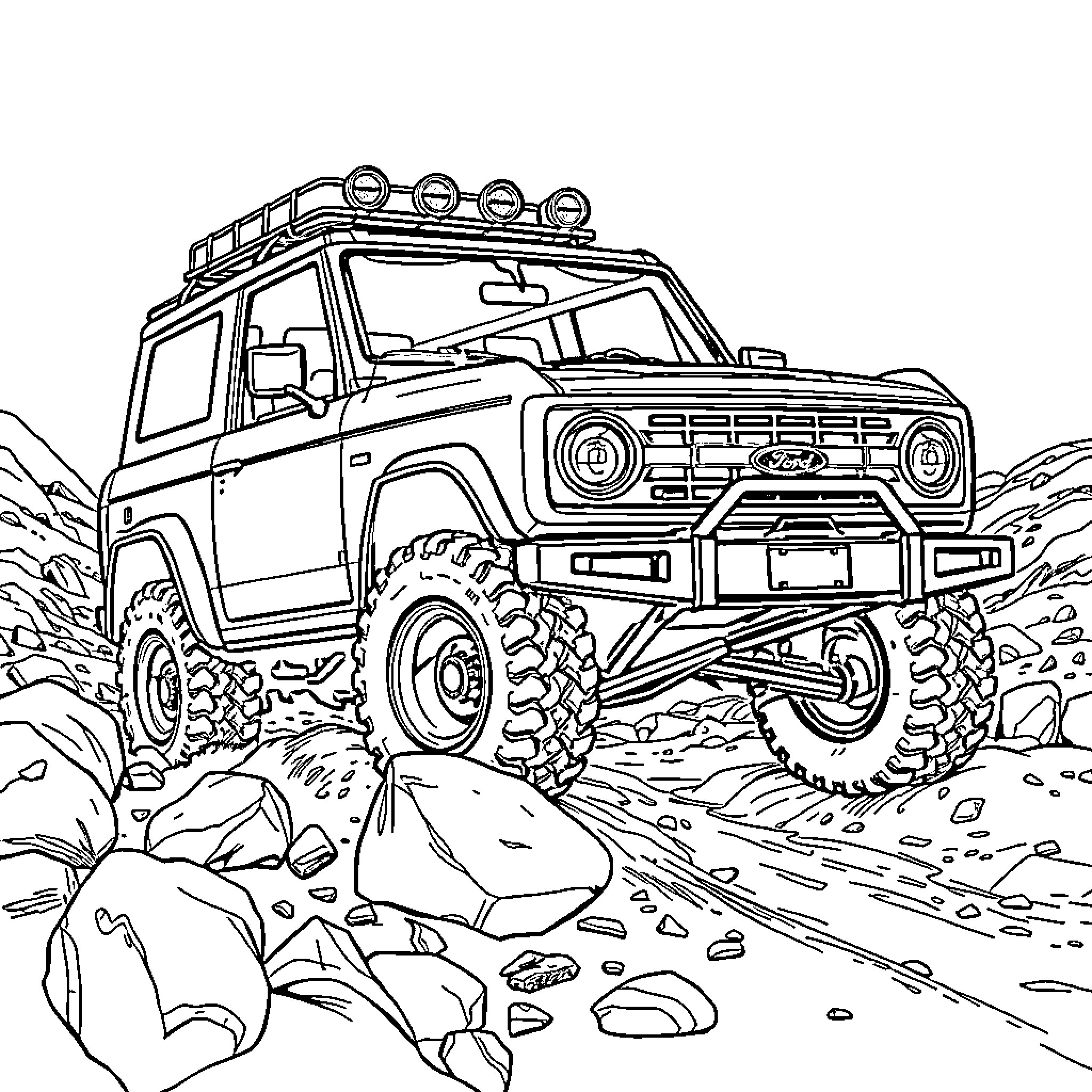 Ford Bronco Navigating Rugged Terrain Coloring Page (free black-and-white line drawing printable PDF for all, from beginners to advanced learners, including children, teens, adults, and seniors)