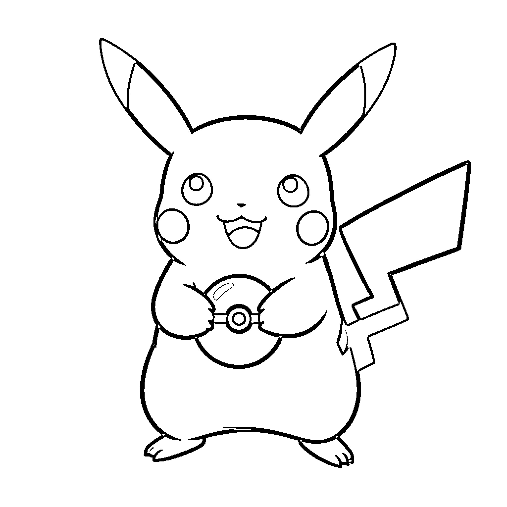 Pikachu holding a Poke Ball with a joyful expression Coloring Page (free black-and-white line drawing printable PDF for all, from beginners to advanced learners, including children, teens, adults, and seniors)