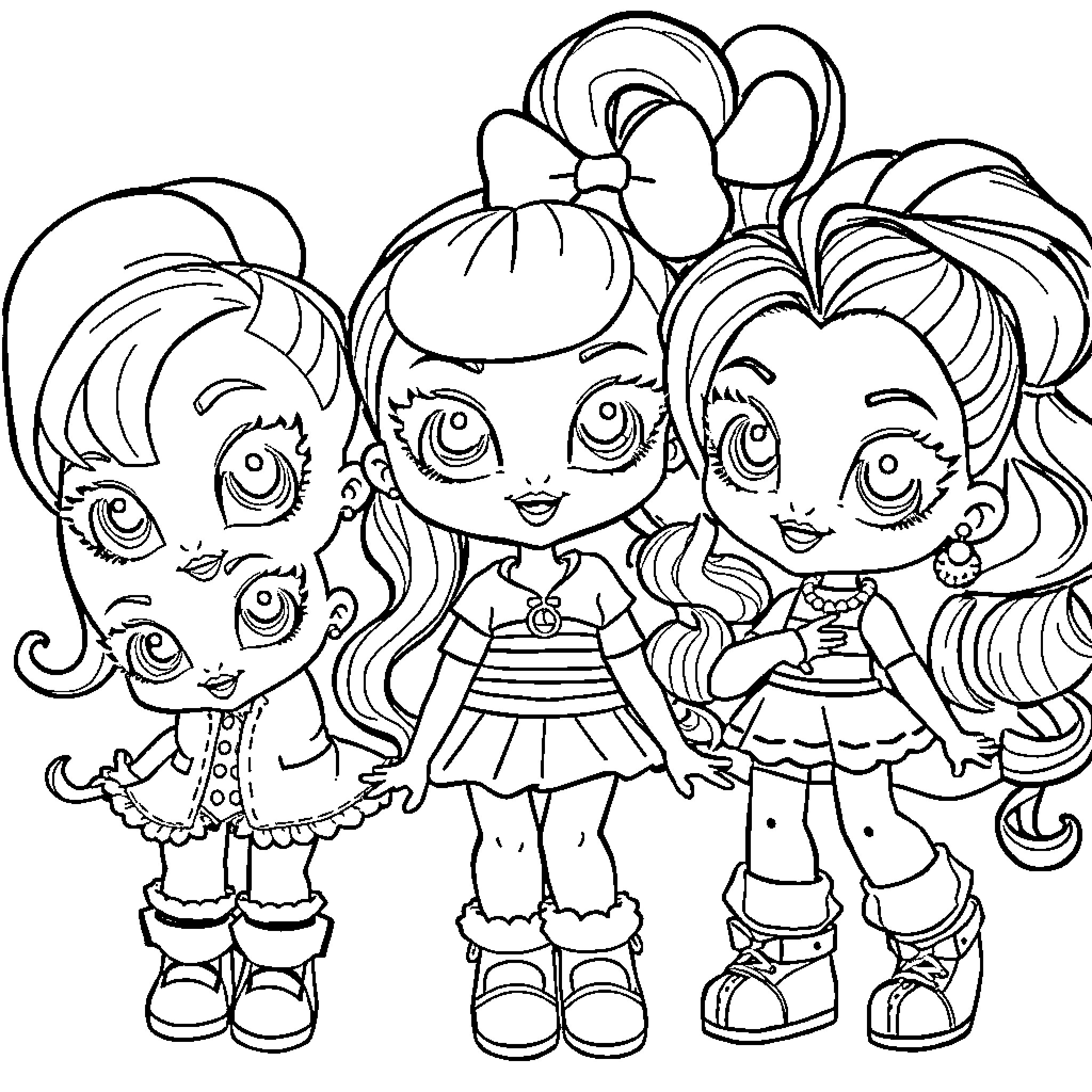 Bratz doll friends posing together Coloring Page (free black-and-white line drawing printable PDF for all, from beginners to advanced learners, including children, teens, adults, and seniors)