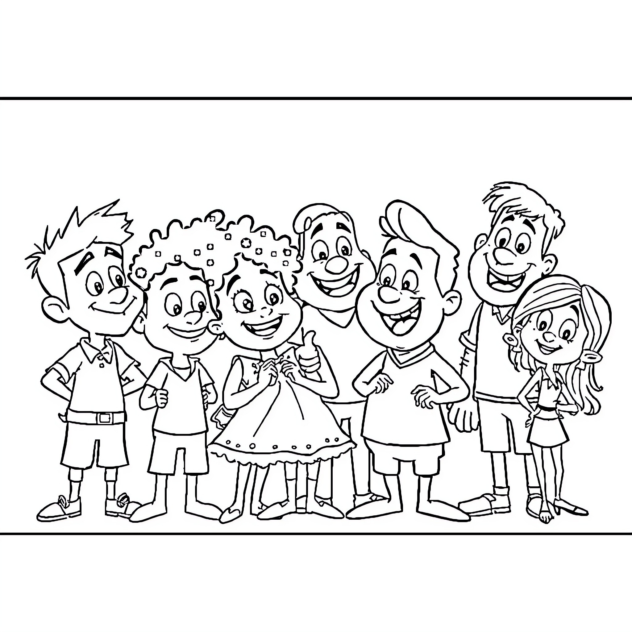 Personajes alegres y animados en una escena familiar Coloring Page (free black-and-white line drawing printable PDF for all, from beginners to advanced learners, including children, teens, adults, and seniors)