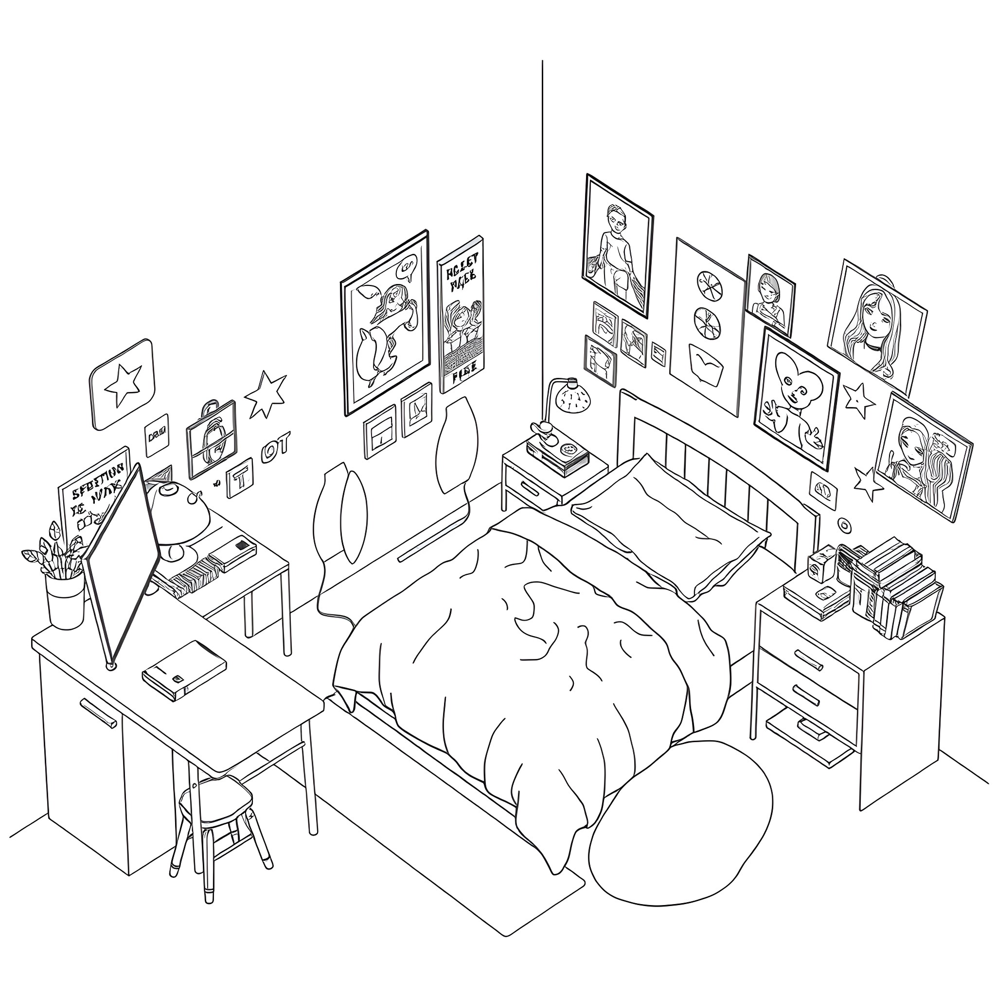 Room with Personalized Decor and Furnishings Coloring Page (free black-and-white line drawing printable PDF for all, from beginners to advanced learners, including children, teens, adults, and seniors)