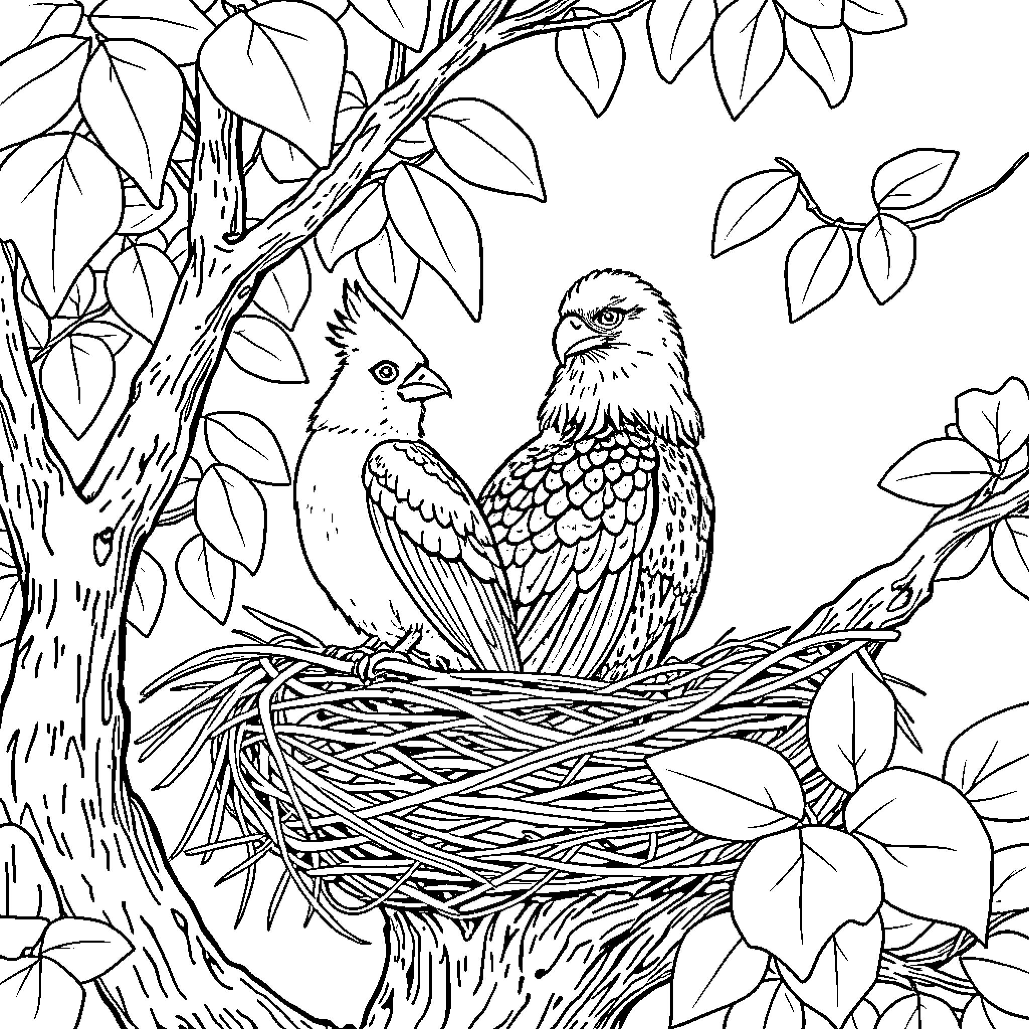 Birds nesting in tree with leaves Coloring Page (free black-and-white line drawing printable PDF for all, from beginners to advanced learners, including children, teens, adults, and seniors)