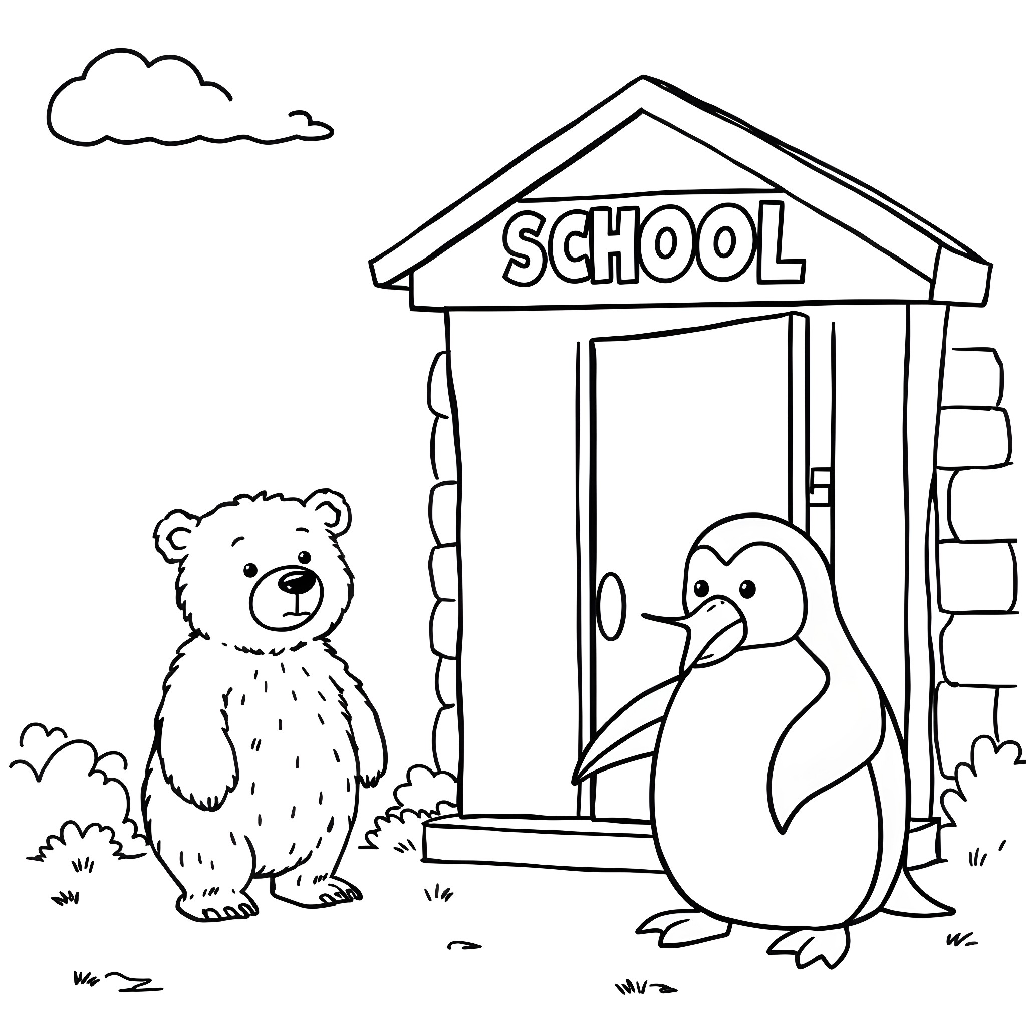 Bear and penguin visiting school building Coloring Page (free black-and-white line drawing printable PDF for all, from beginners to advanced learners, including children, teens, adults, and seniors)