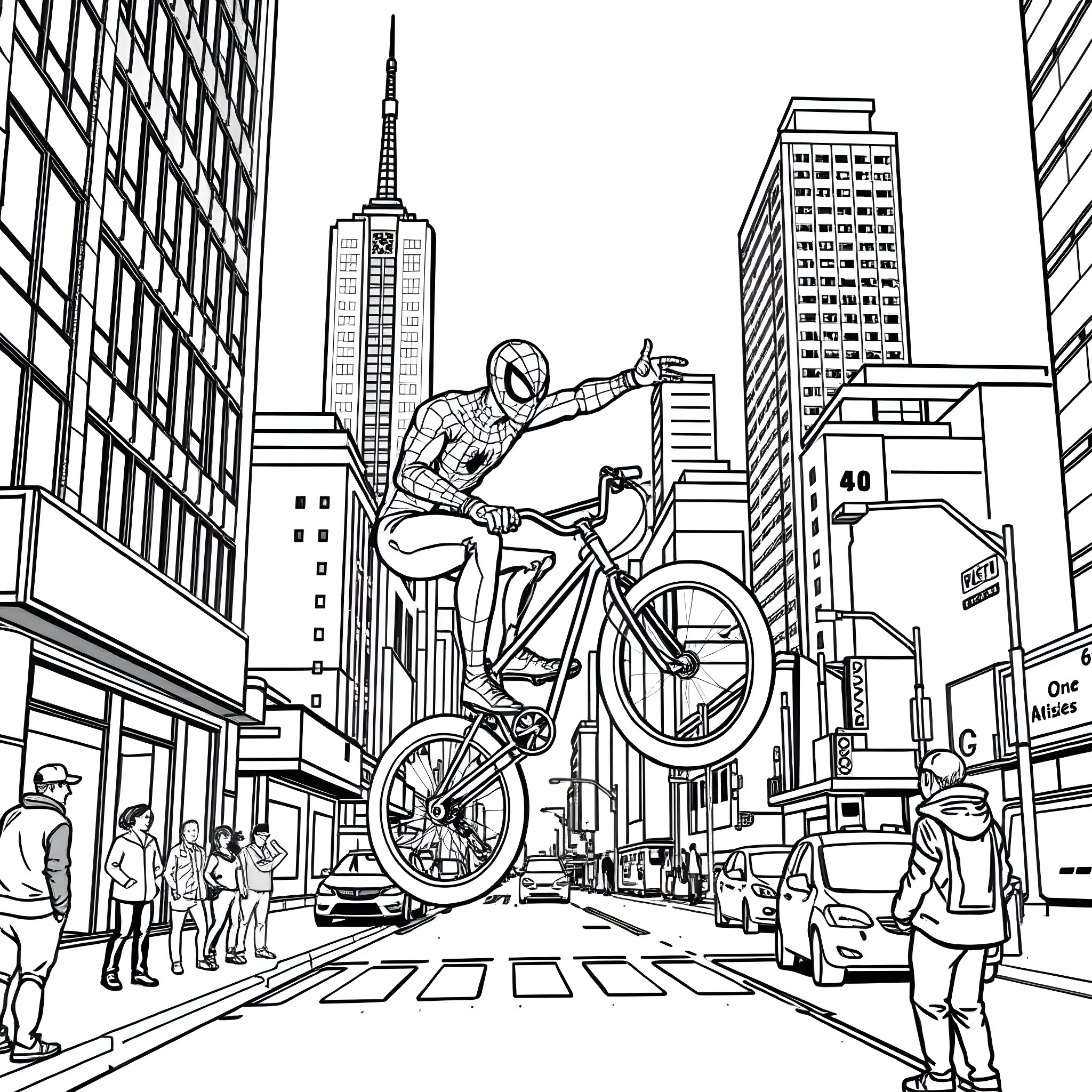 Spiderman performs acrobatic stunts on a bicycle in a busy city Coloring Page (free black-and-white line drawing printable PDF for all, from beginners to advanced learners, including children, teens, adults, and seniors)