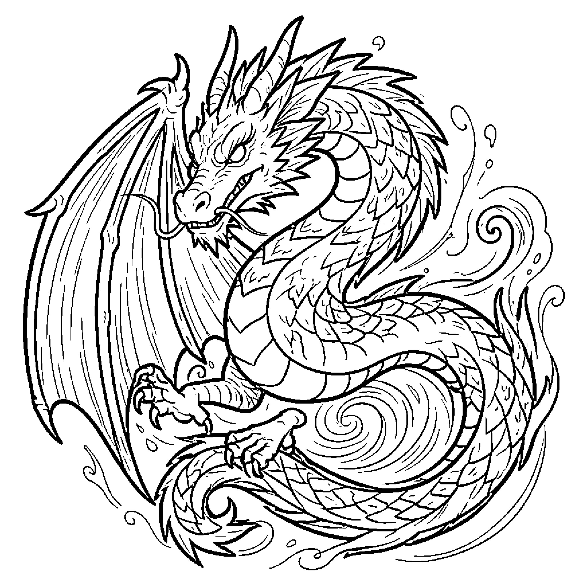 Dragon posing majestically amidst swirling waves Coloring Page (free black-and-white line drawing printable PDF for all, from beginners to advanced learners, including children, teens, adults, and seniors)