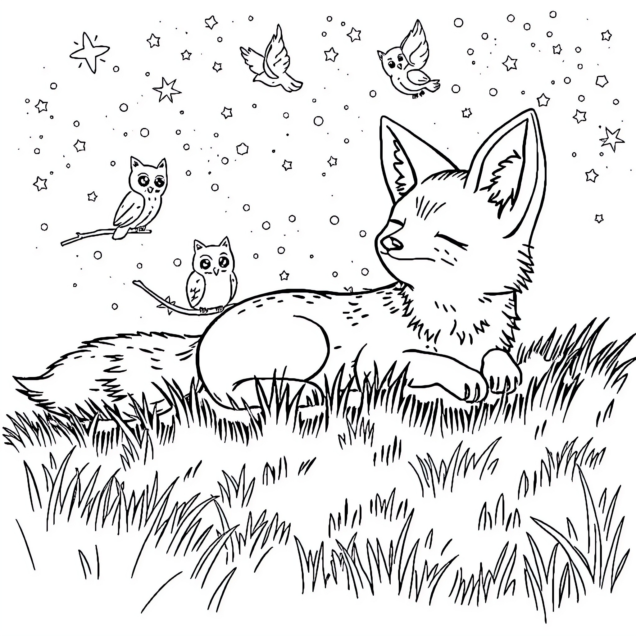 Fox resting peacefully in the starry night Coloring Page (free black-and-white line drawing printable PDF for all, from beginners to advanced learners, including children, teens, adults, and seniors)