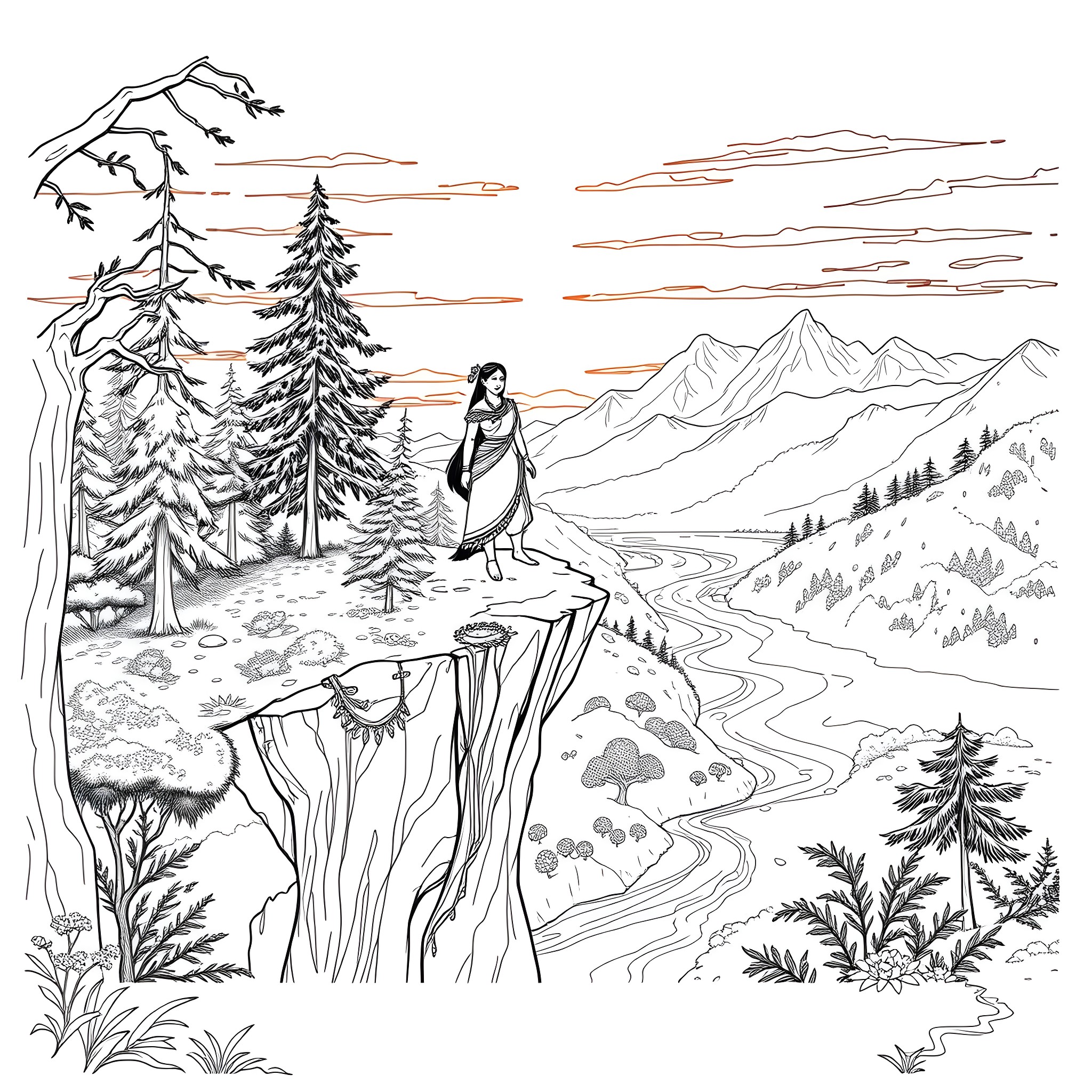 Pocahontas standing in a scenic wilderness landscape Coloring Page (free black-and-white line drawing printable PDF for all, from beginners to advanced learners, including children, teens, adults, and seniors)