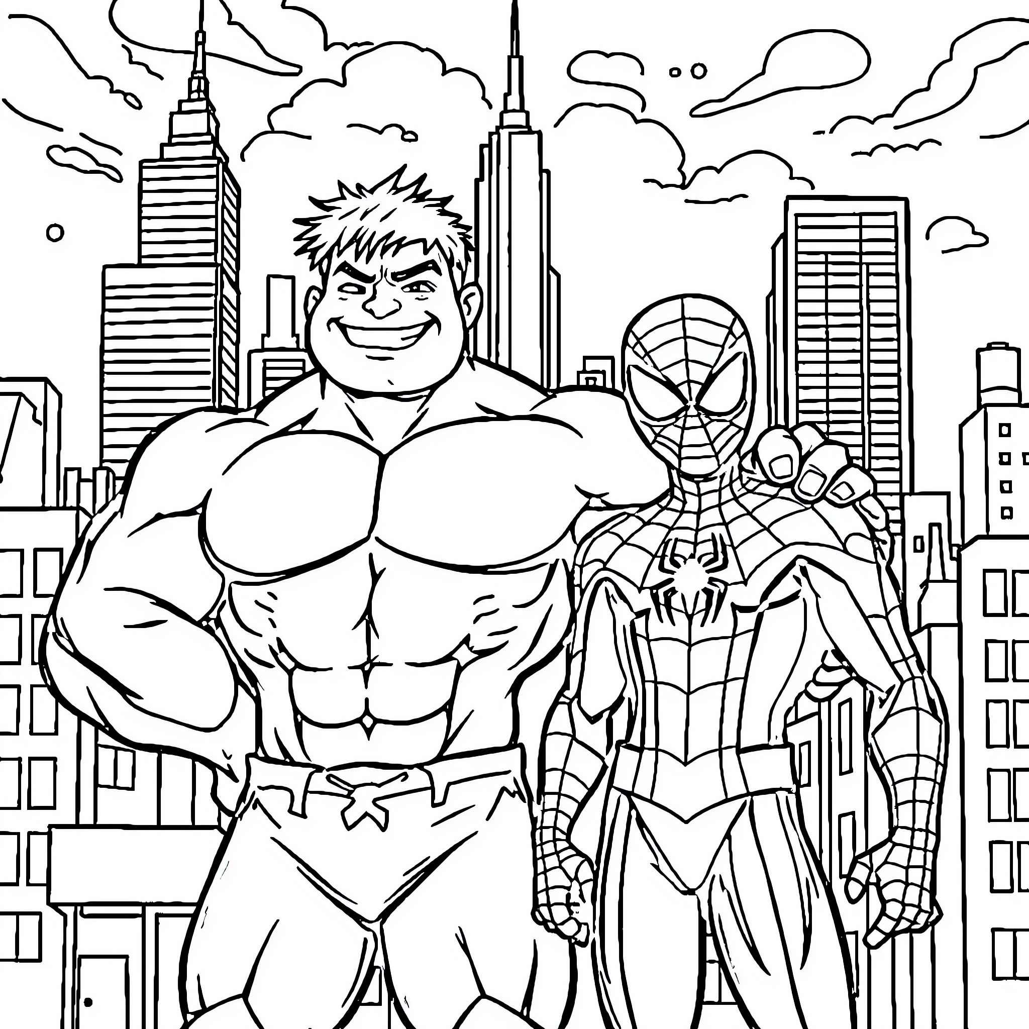 Hulk and Spider-Man team up in the city Coloring Page (free black-and-white line drawing printable PDF for all, from beginners to advanced learners, including children, teens, adults, and seniors)