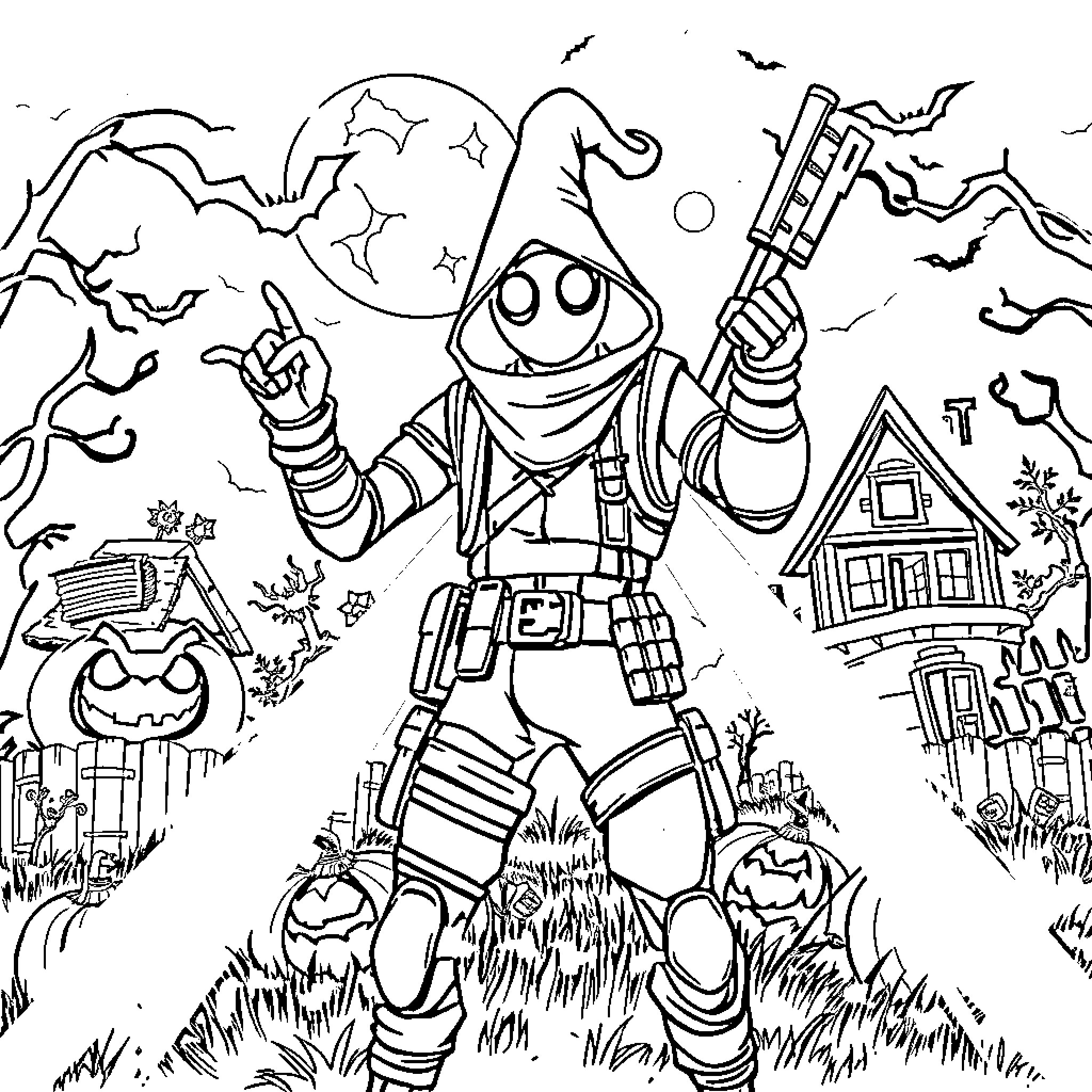 Halloween robot having fun in a spooky scene Coloring Page (free black-and-white line drawing printable PDF for all, from beginners to advanced learners, including children, teens, adults, and seniors)