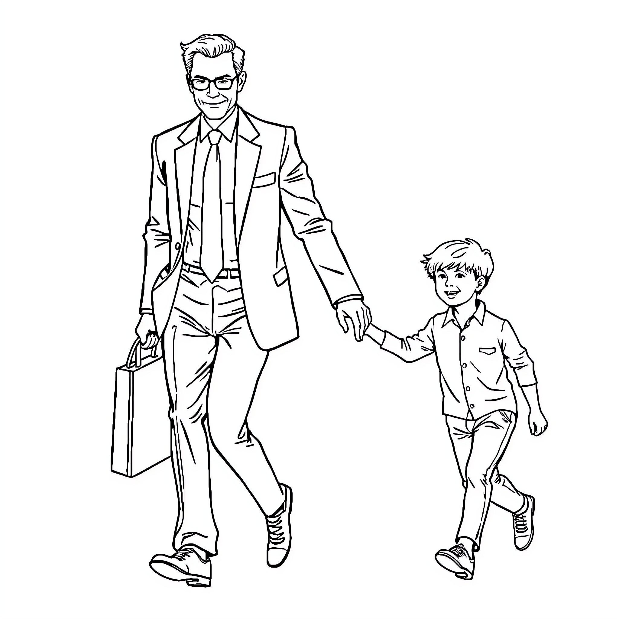 Lawyer walking with child in professional attire Coloring Page (free black-and-white line drawing printable PDF for all, from beginners to advanced learners, including children, teens, adults, and seniors)