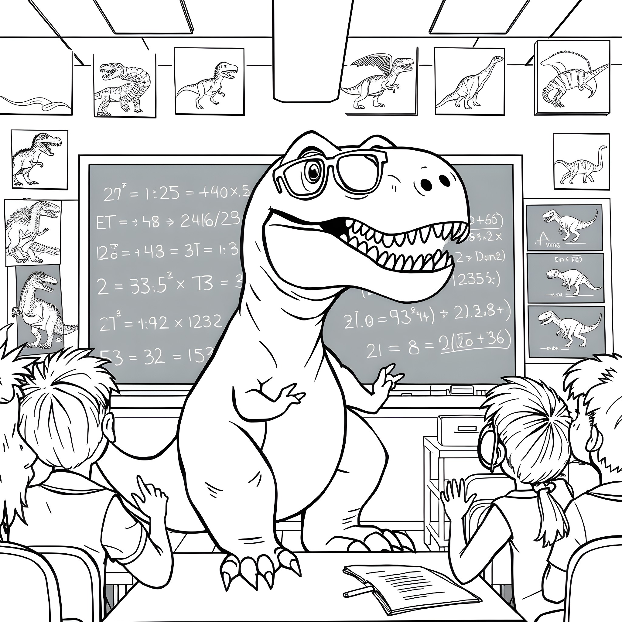 T-Rex teaching math to students in the classroom Coloring Page (free black-and-white line drawing printable PDF for all, from beginners to advanced learners, including children, teens, adults, and seniors)