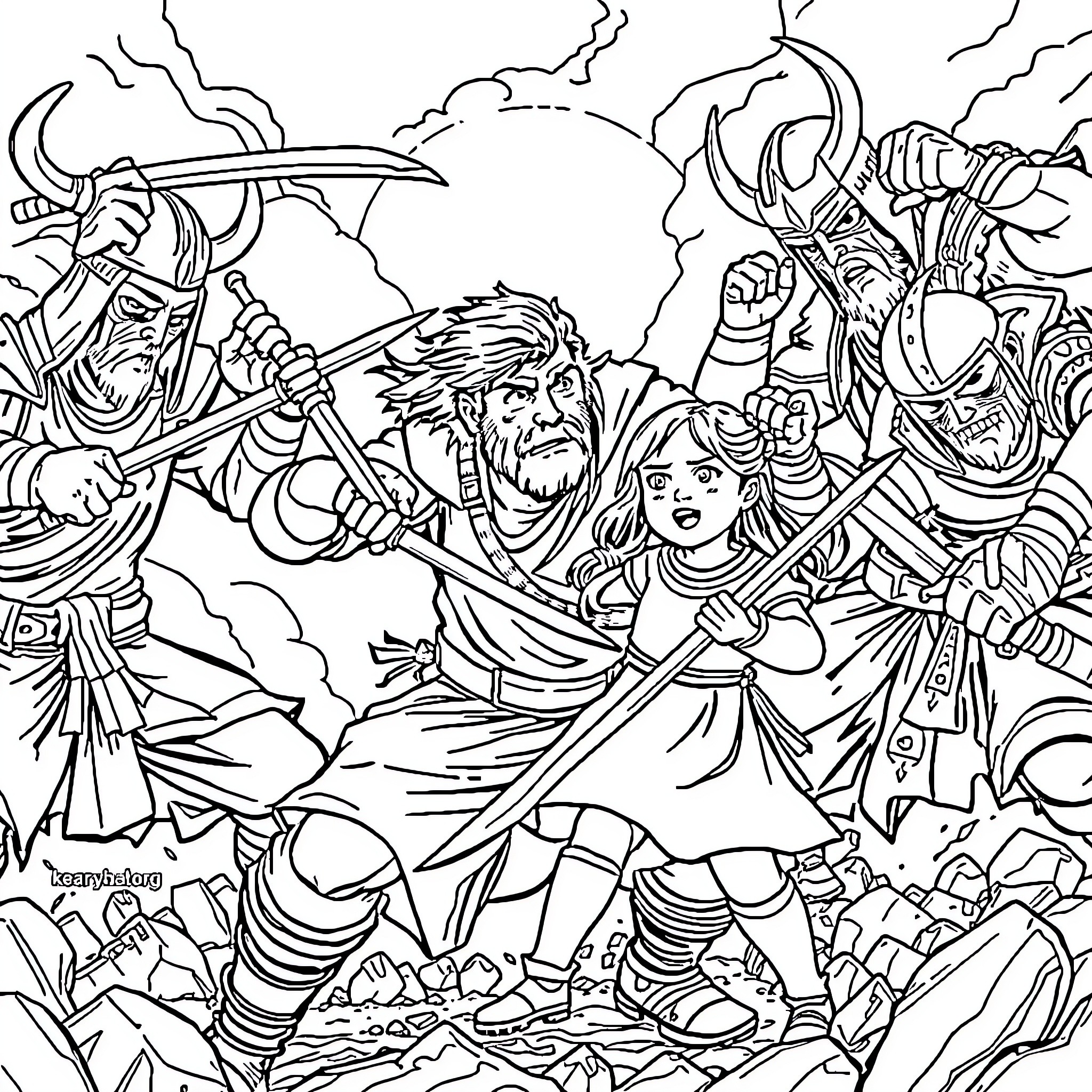 Dad leads a heroic charge against monstrous foes Coloring Page (free black-and-white line drawing printable PDF for all, from beginners to advanced learners, including children, teens, adults, and seniors)