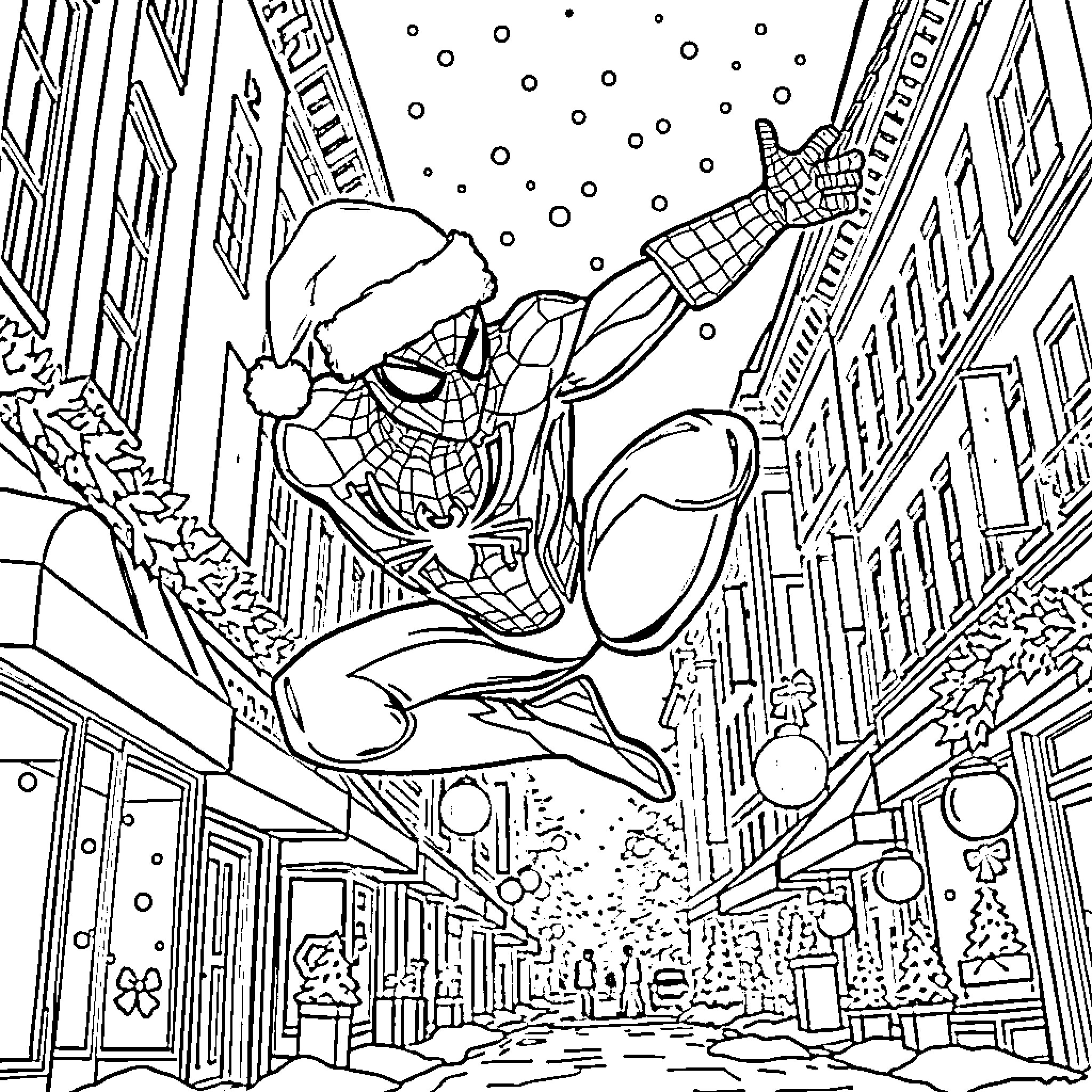 Spider-Man swinging through snowy city streets Coloring Page (free black-and-white line drawing printable PDF for all, from beginners to advanced learners, including children, teens, adults, and seniors)