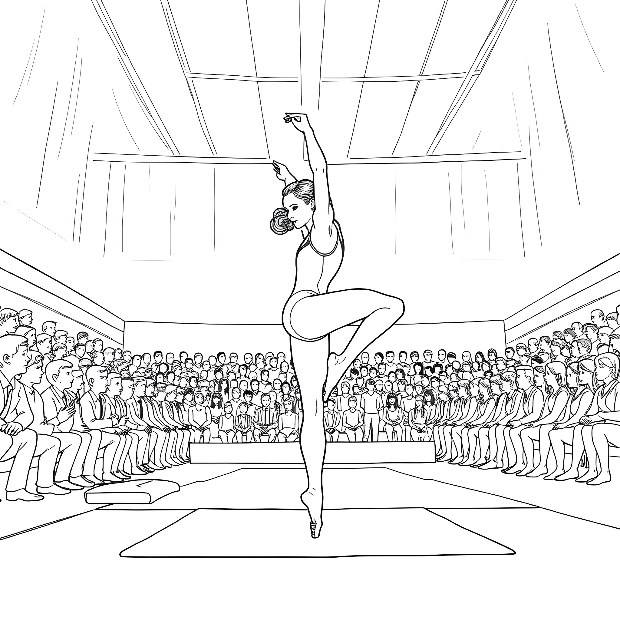 Gymnast performing impressive routine before audience Coloring Page (free black-and-white line drawing printable PDF for all, from beginners to advanced learners, including children, teens, adults, and seniors)