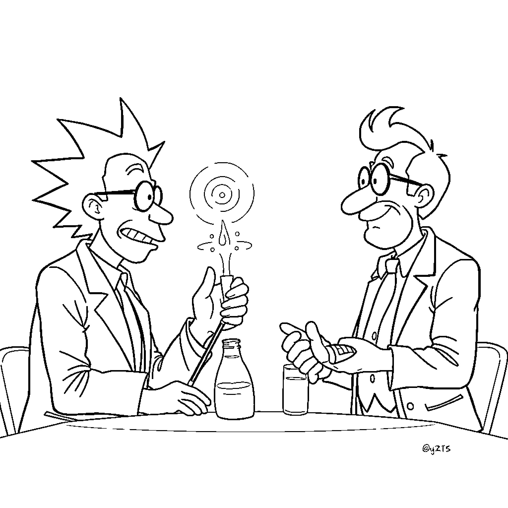 Rick Sanchez engaging in a scientific experiment with a colleague Coloring Page (free black-and-white line drawing printable PDF for all, from beginners to advanced learners, including children, teens, adults, and seniors)