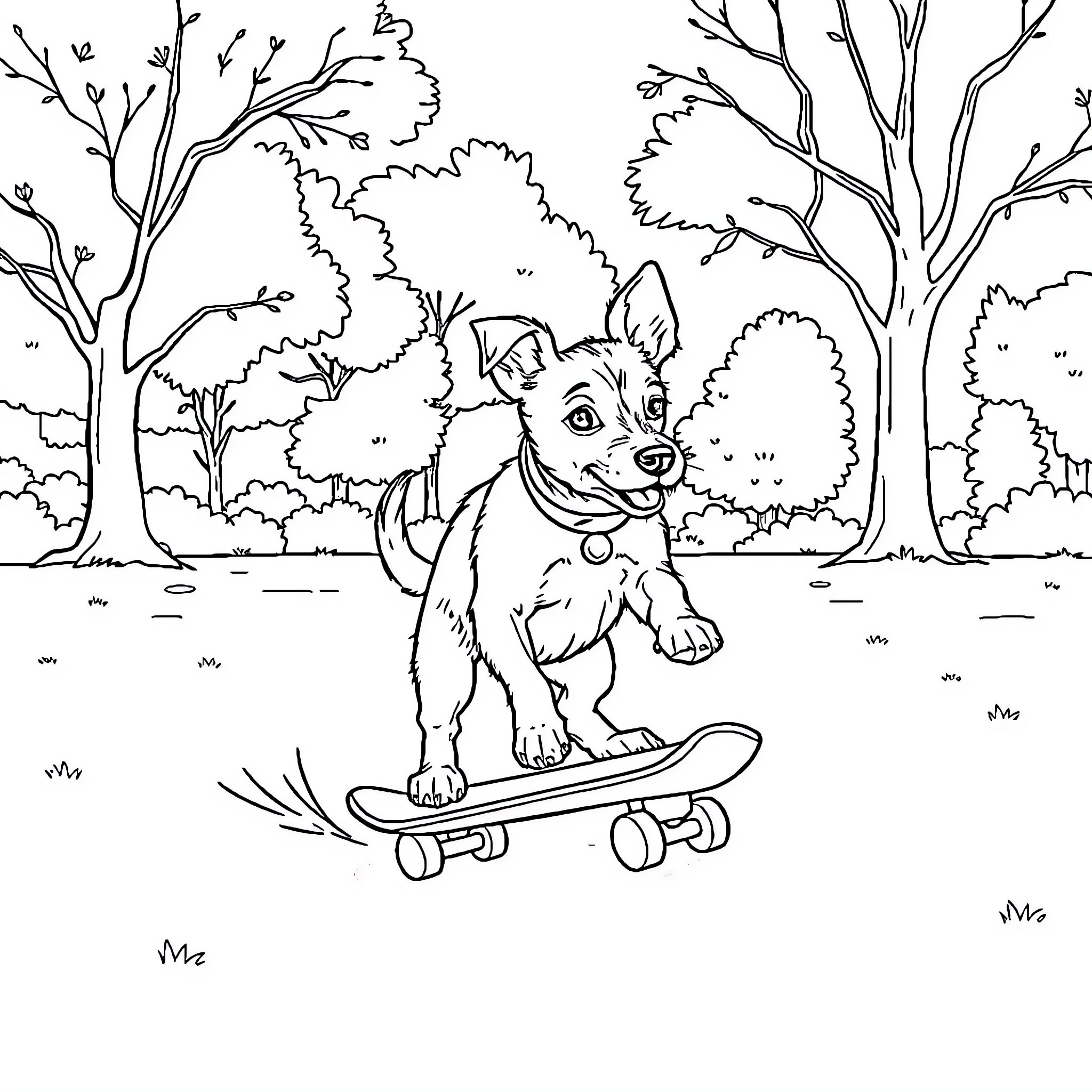 Jack Russell Terrier riding skateboard in forest Coloring Page (free black-and-white line drawing printable PDF for all, from beginners to advanced learners, including children, teens, adults, and seniors)
