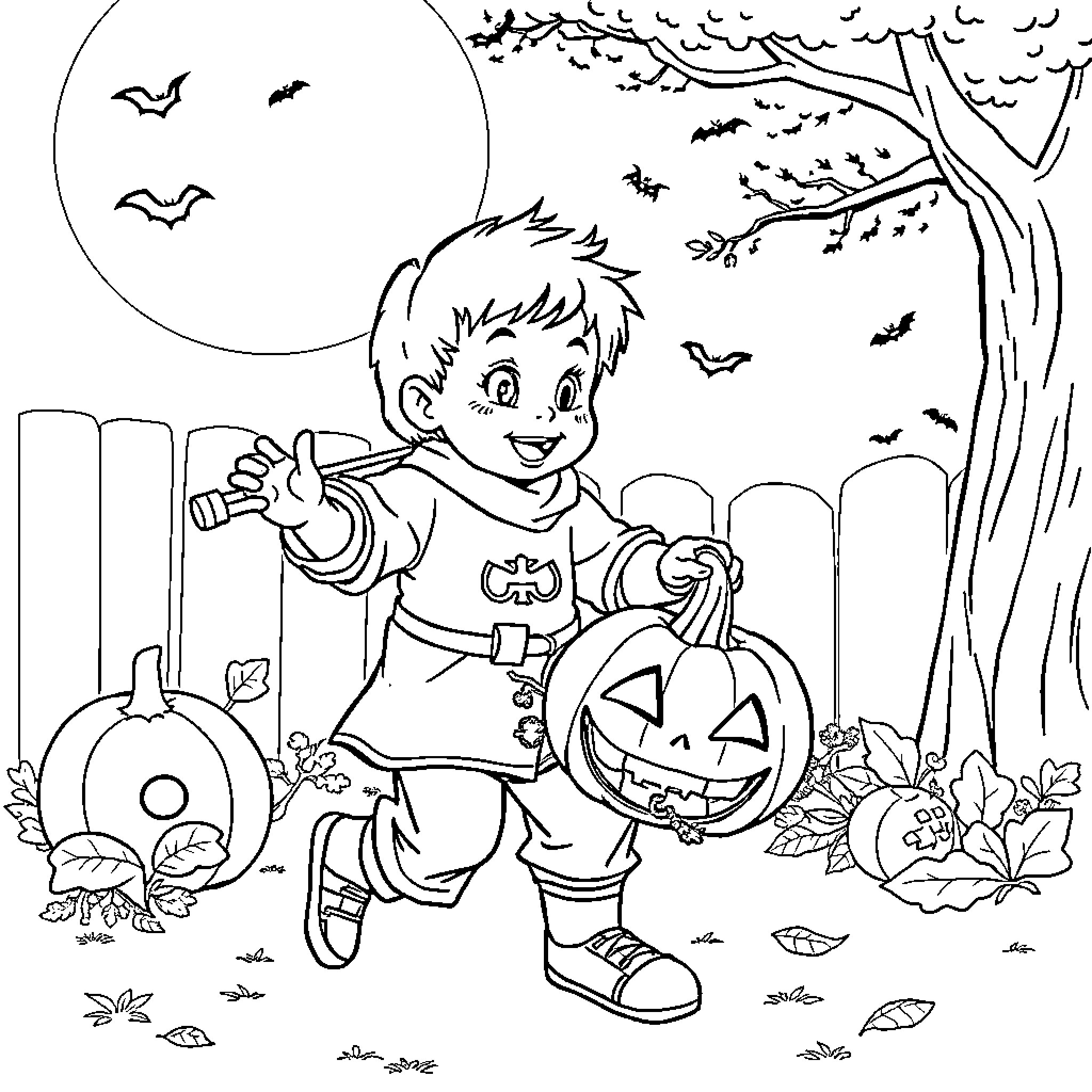 Niño enjoying Halloween with pumpkin and bats Coloring Page (free black-and-white line drawing printable PDF for all, from beginners to advanced learners, including children, teens, adults, and seniors)
