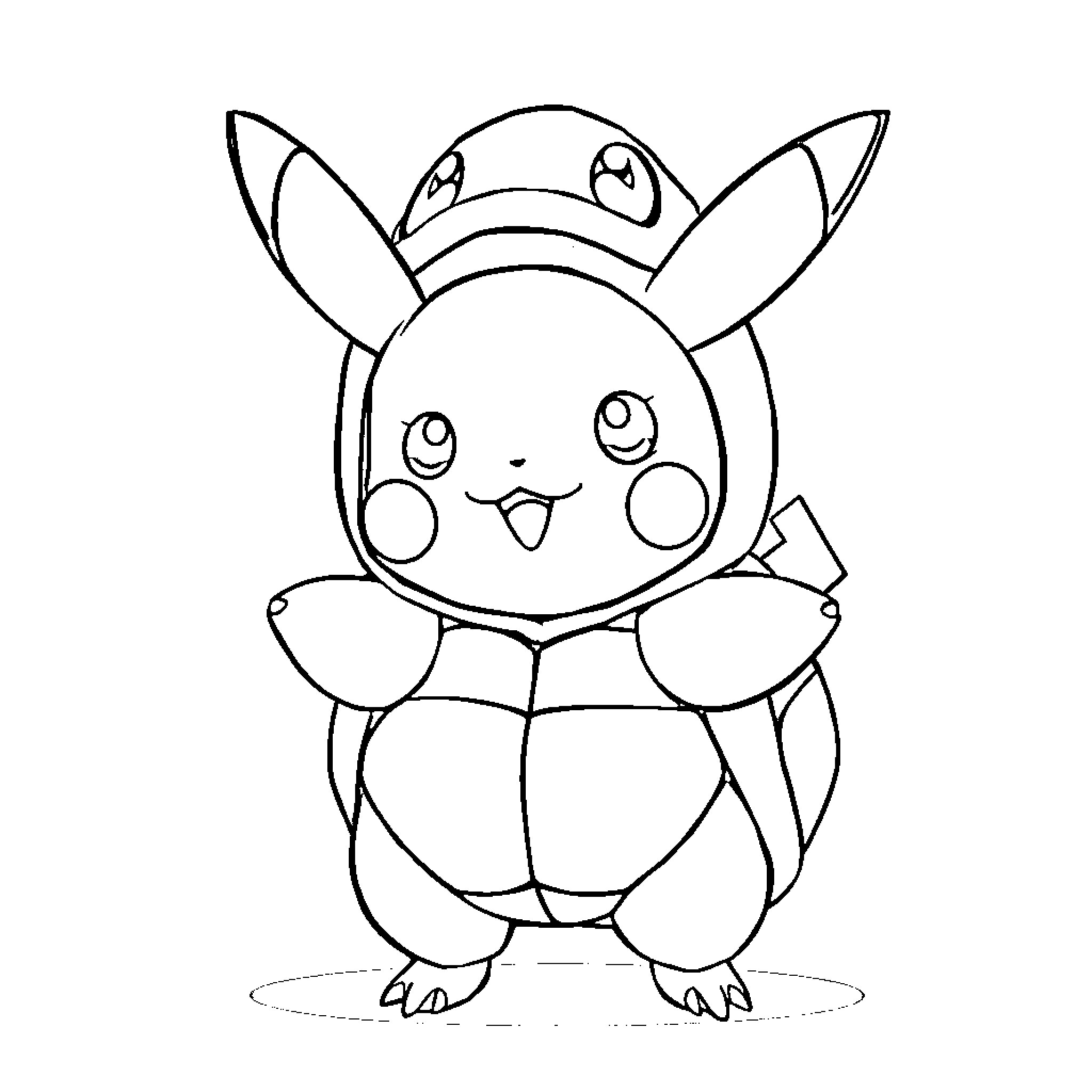Pikachu Wearing a Cute Hat and Smiling Coloring Page (free black-and-white line drawing printable PDF for all, from beginners to advanced learners, including children, teens, adults, and seniors)