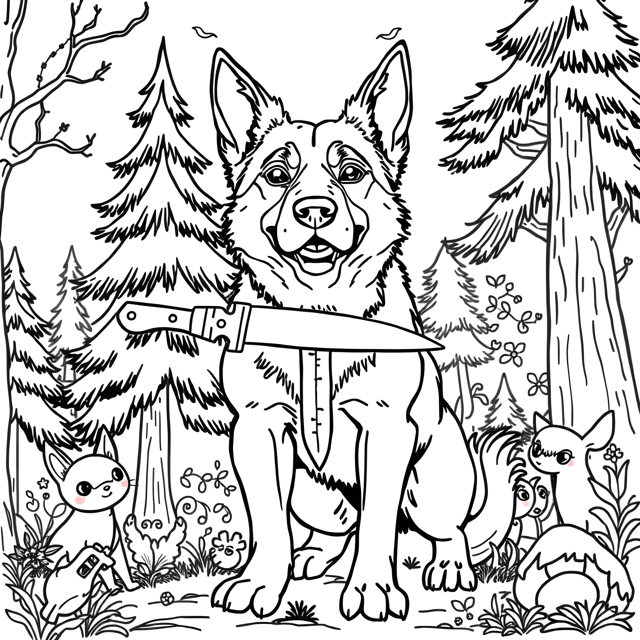 Dog exploring the snowy forest with animal friends Coloring Page (free black-and-white line drawing printable PDF for all, from beginners to advanced learners, including children, teens, adults, and seniors)