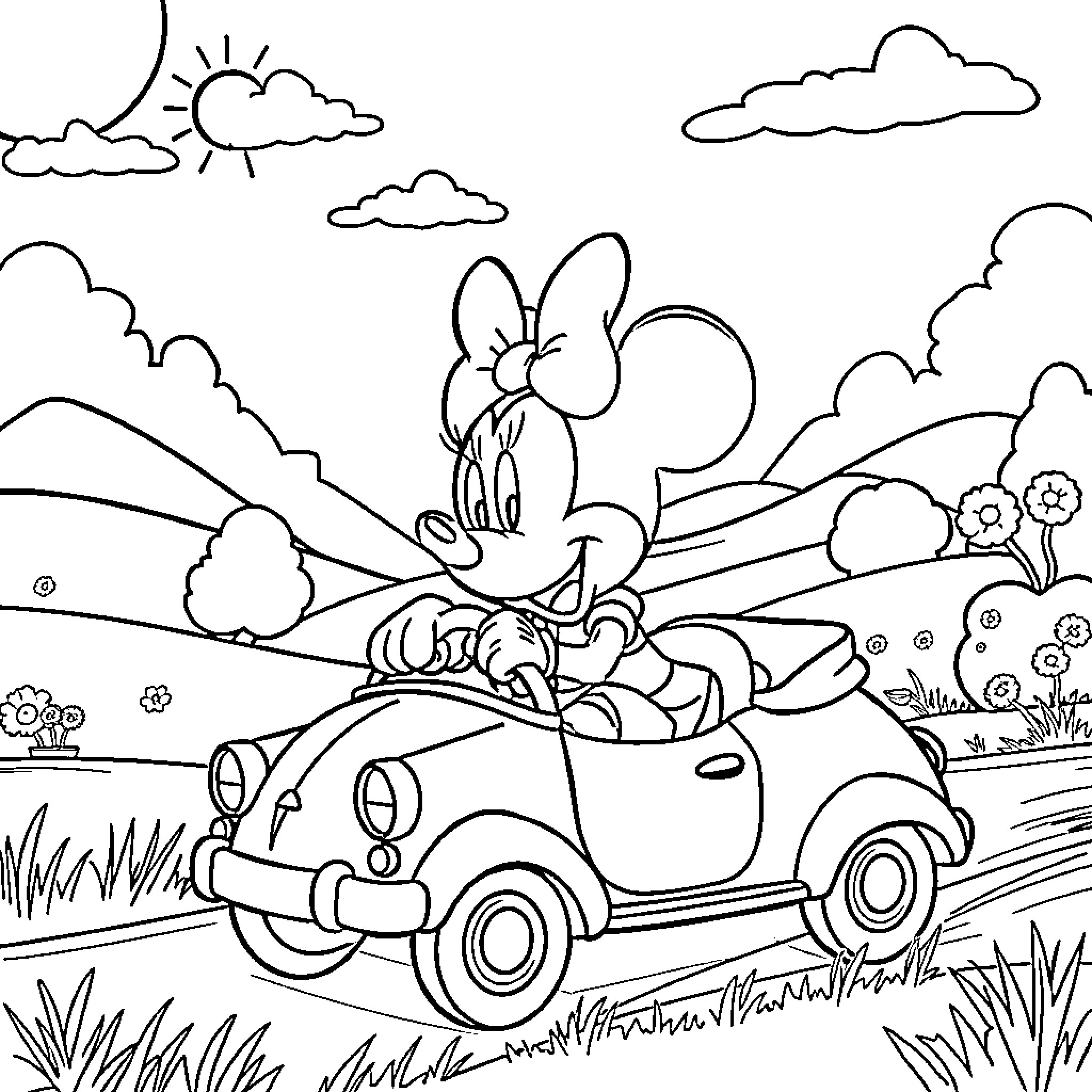 Minnie Mouse drives a vintage car through a scenic countryside Coloring Page (free black-and-white line drawing printable PDF for all, from beginners to advanced learners, including children, teens, adults, and seniors)