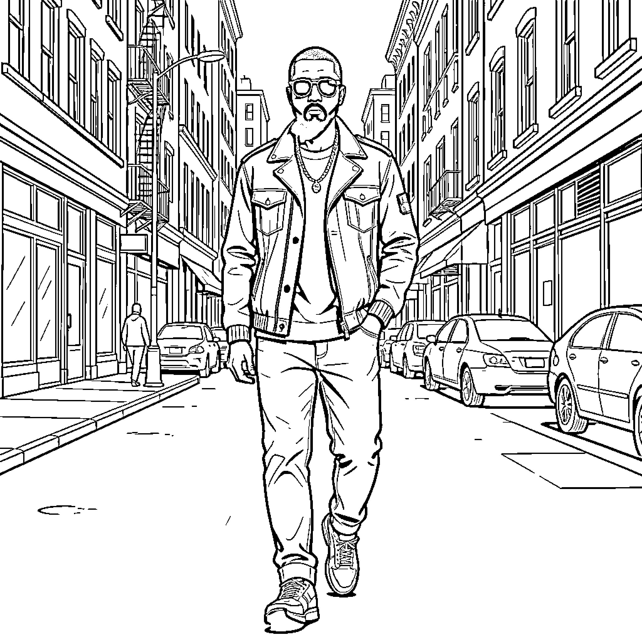 Kanye West walking confidently in the city Coloring Page (free black-and-white line drawing printable PDF for all, from beginners to advanced learners, including children, teens, adults, and seniors)