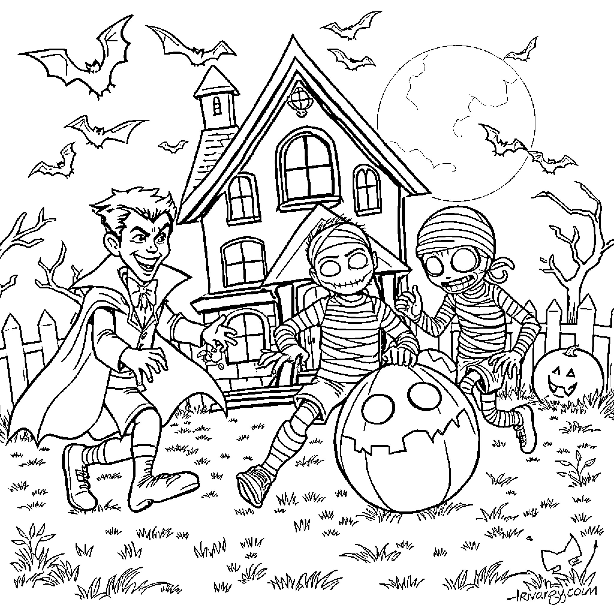 Monster Trick-or-Treaters Visiting Haunted House Coloring Page (free black-and-white line drawing printable PDF for all, from beginners to advanced learners, including children, teens, adults, and seniors)