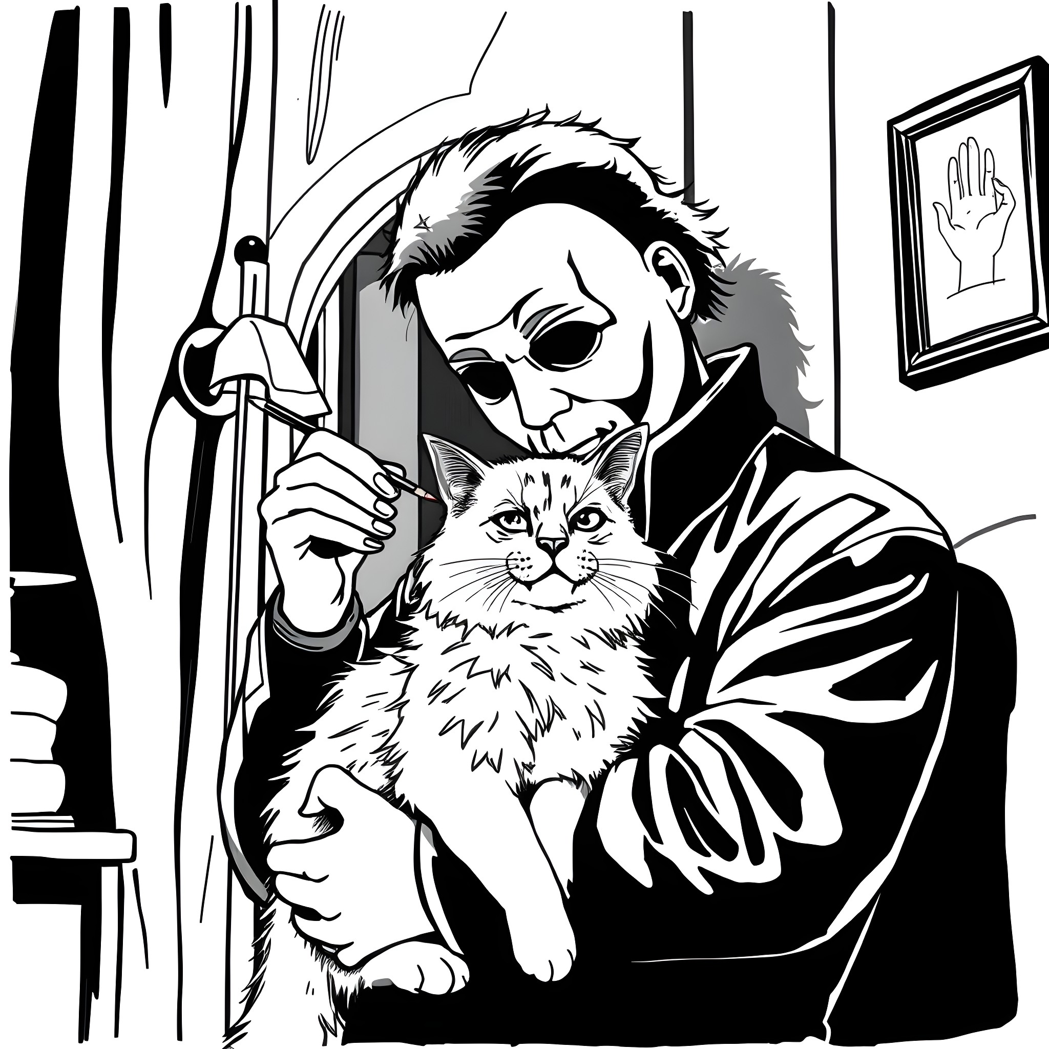 Michael Myers with his feline companion Coloring Page (free black-and-white line drawing printable PDF for all, from beginners to advanced learners, including children, teens, adults, and seniors)