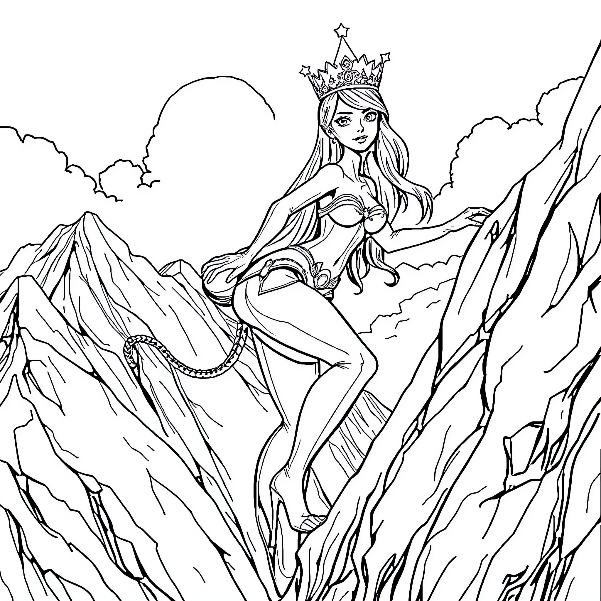 Princess in Majestic Mountain Pose Coloring Page (free black-and-white line drawing printable PDF for all, from beginners to advanced learners, including children, teens, adults, and seniors)