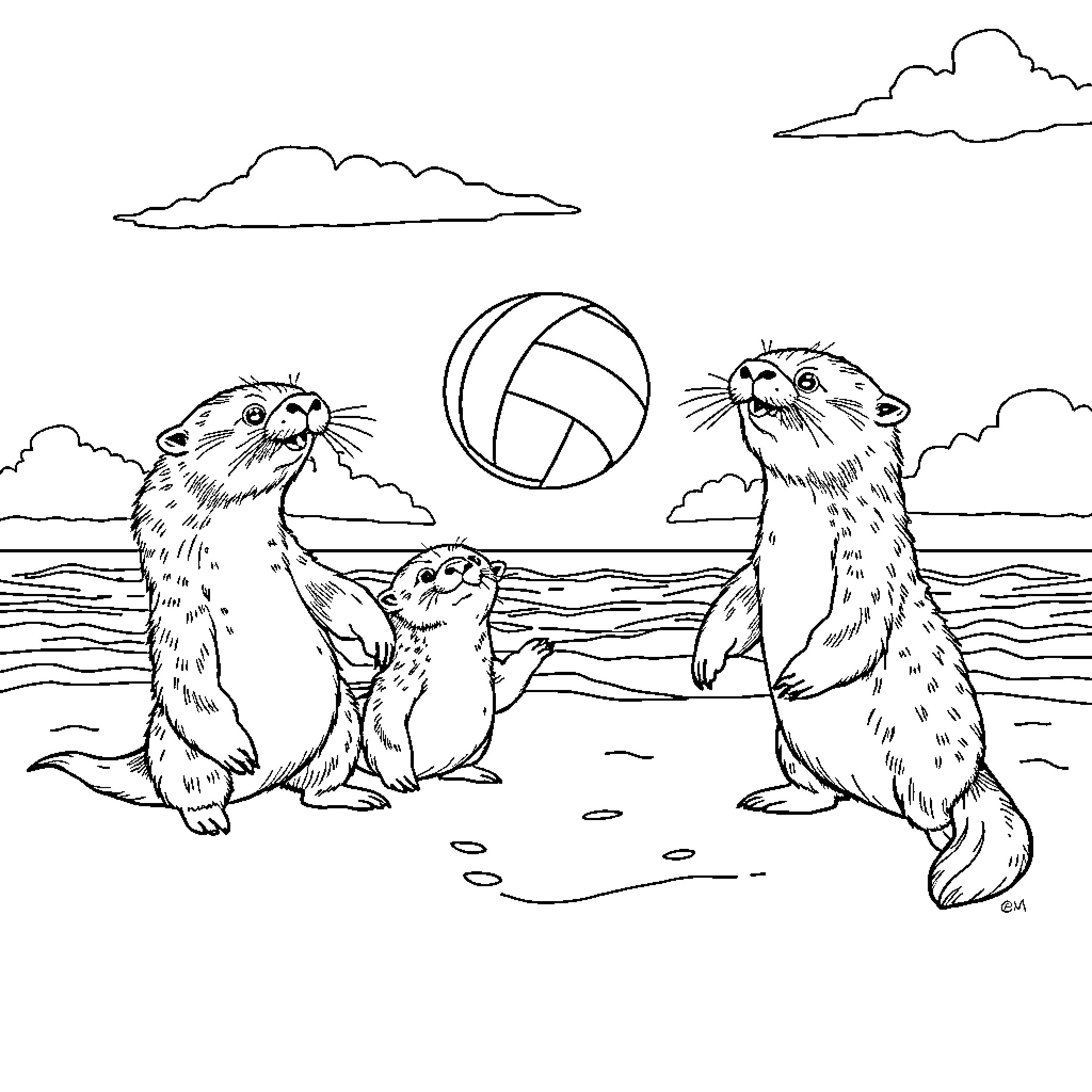 Otters playing with volleyball in the ocean Coloring Page (free black-and-white line drawing printable PDF for all, from beginners to advanced learners, including children, teens, adults, and seniors)