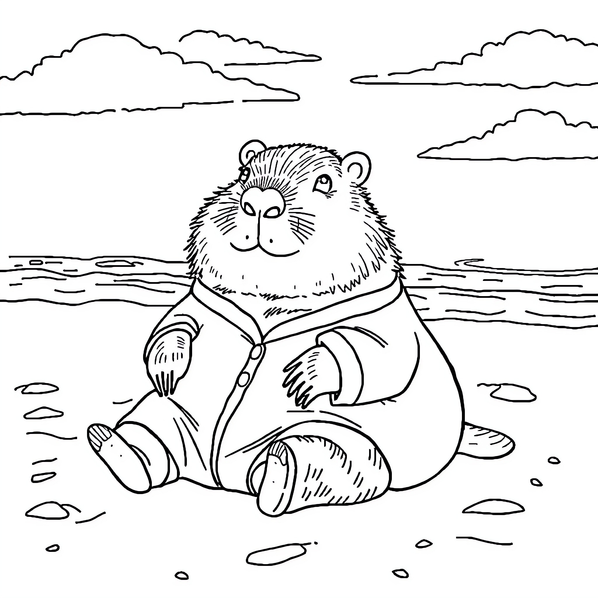 Capybara relaxing on the beach Coloring Page (free black-and-white line drawing printable PDF for all, from beginners to advanced learners, including children, teens, adults, and seniors)