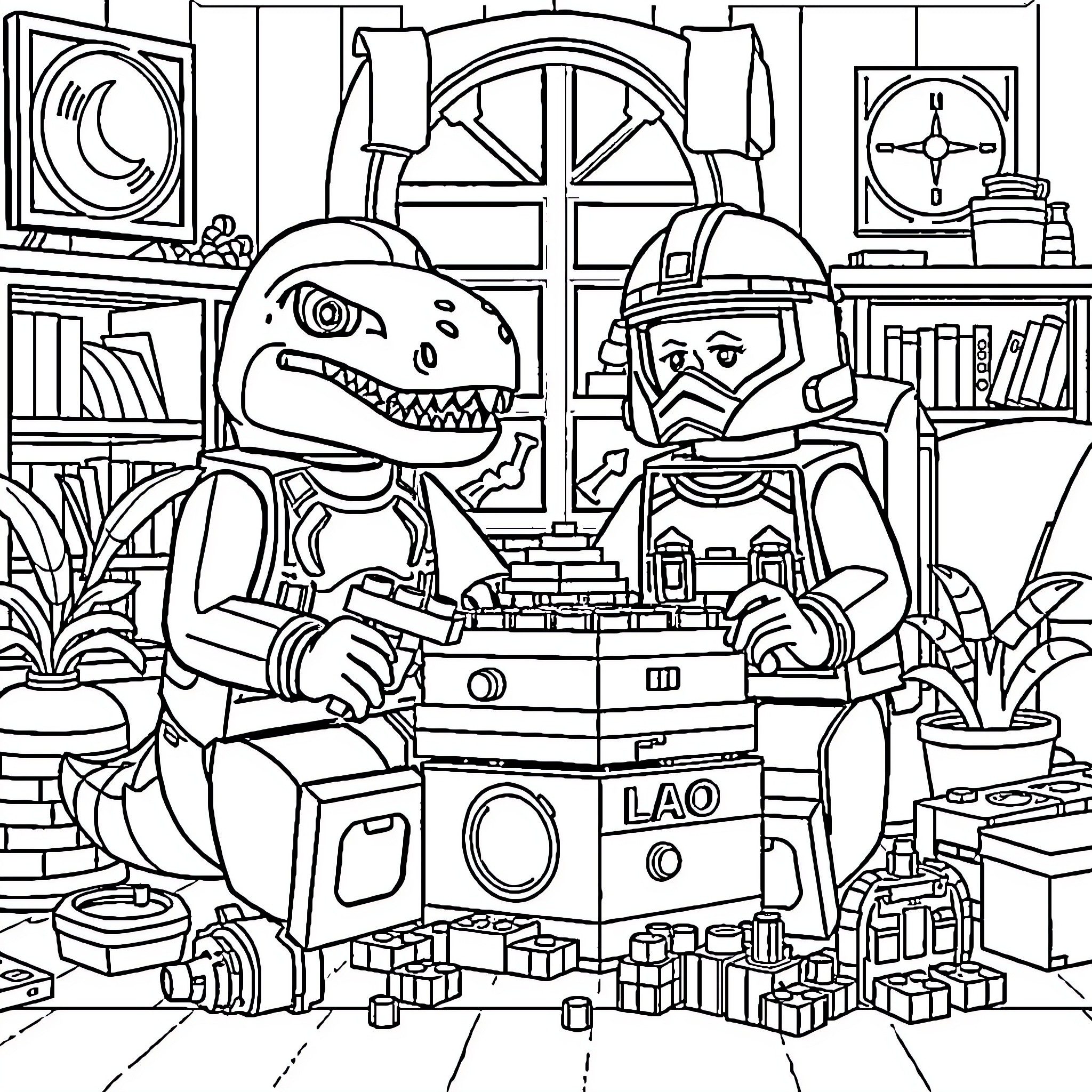 Captain Rex and Dinosaur Companion's Playful Adventure Coloring Page (free black-and-white line drawing printable PDF for all, from beginners to advanced learners, including children, teens, adults, and seniors)