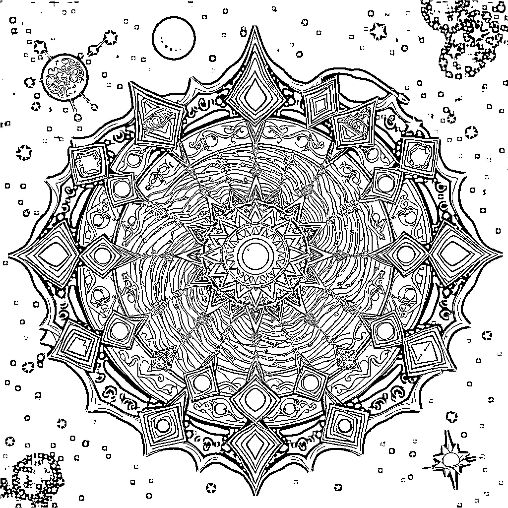 Mandala of Intricate Geometric Patterns and Symmetry Coloring Page (free black-and-white line drawing printable PDF for all, from beginners to advanced learners, including children, teens, adults, and seniors)