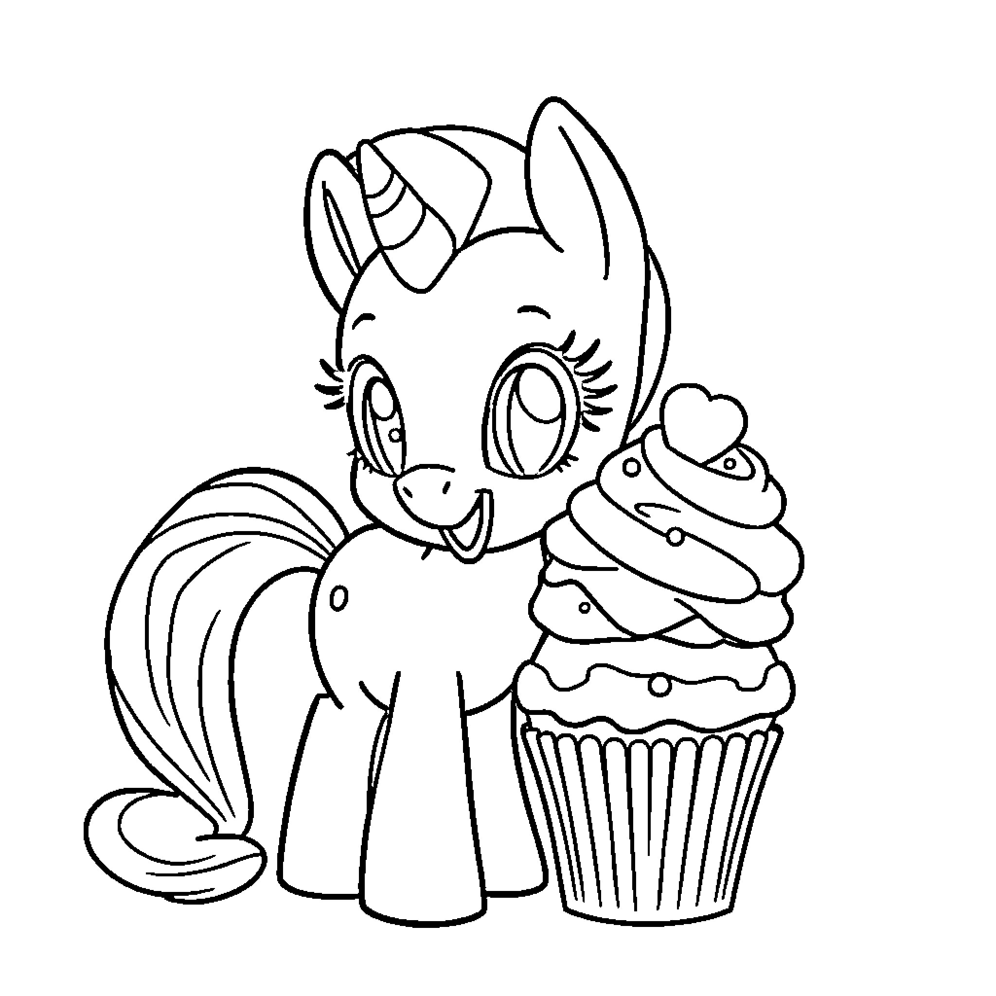 Pony with Cupcake Coloring Page (free black-and-white line drawing printable PDF for all, from beginners to advanced learners, including children, teens, adults, and seniors)