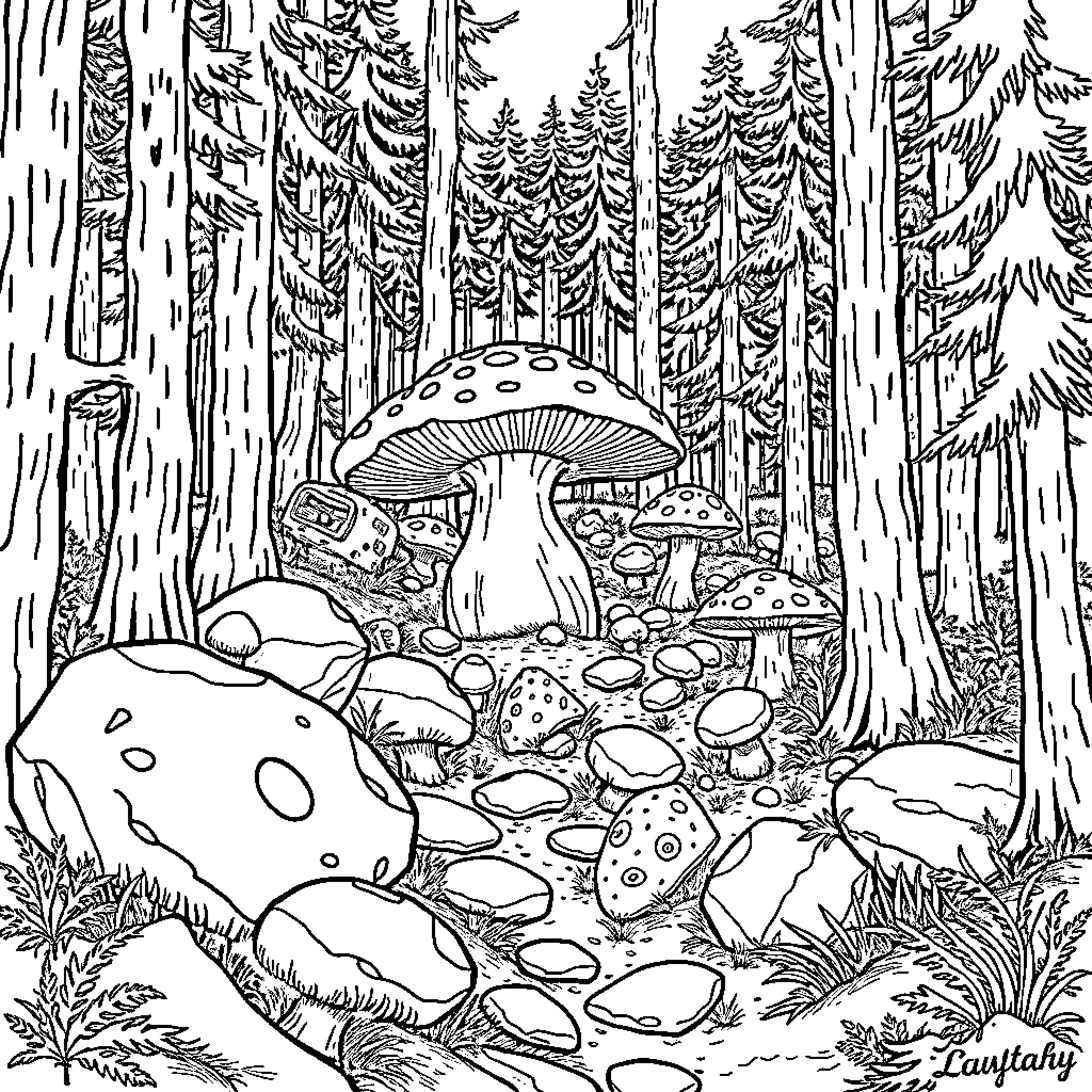Mushroom-filled forest with fantastical elements Coloring Page (free black-and-white line drawing printable PDF for all, from beginners to advanced learners, including children, teens, adults, and seniors)