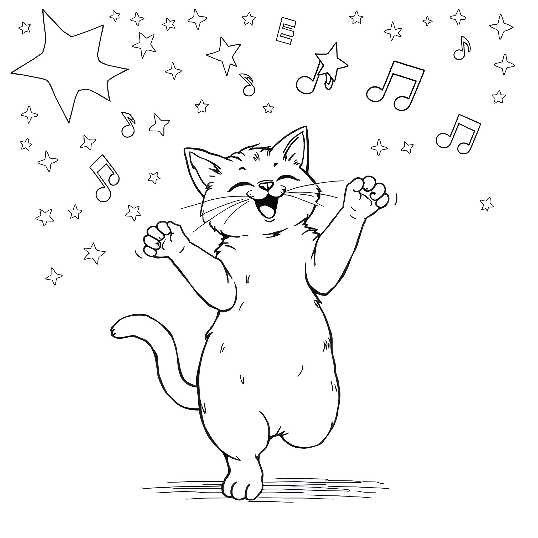 Cat singing and dancing with stars Coloring Page (free black-and-white line drawing printable PDF for all, from beginners to advanced learners, including children, teens, adults, and seniors)
