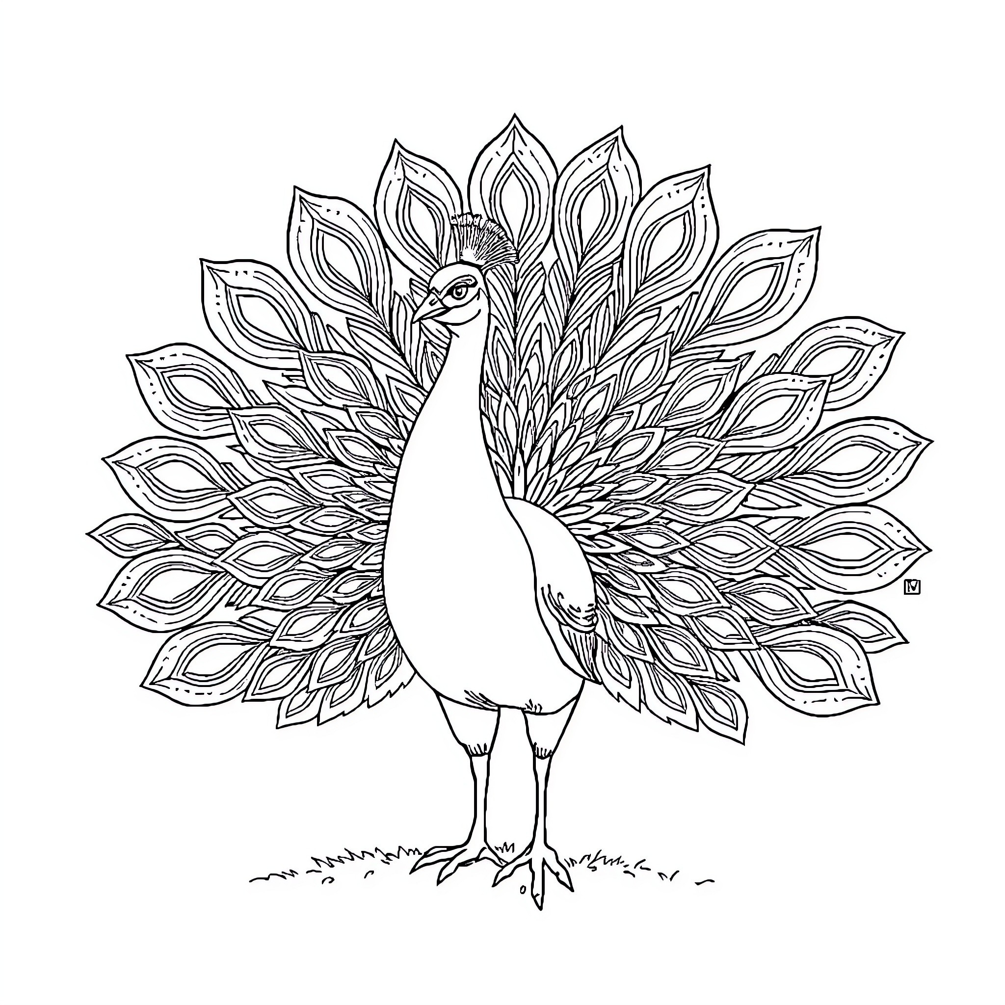 Peacock displaying its magnificent feathers Coloring Page (free black-and-white line drawing printable PDF for all, from beginners to advanced learners, including children, teens, adults, and seniors)